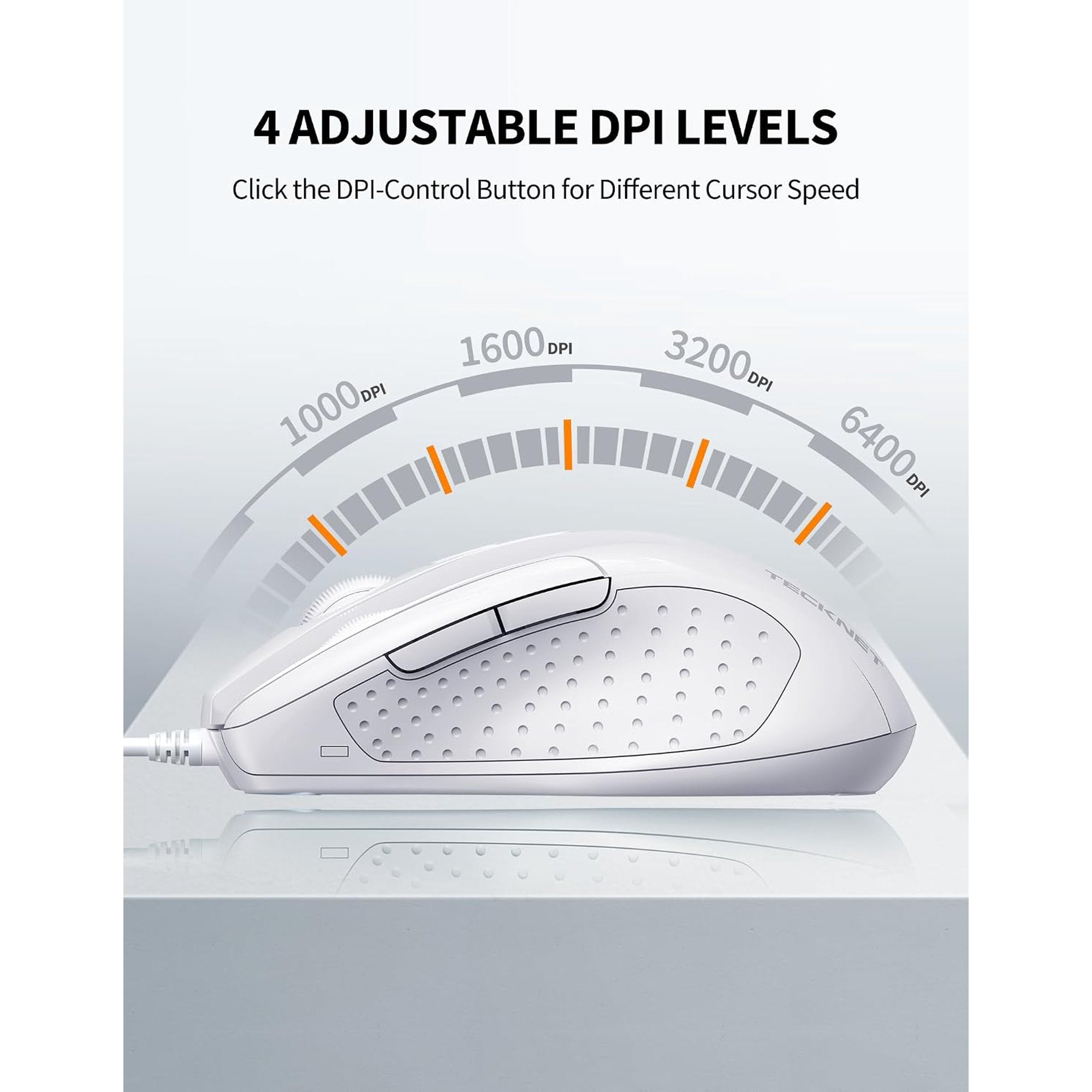 TECKNET Wired Mouse, 6-Button Corded with 4 Adjustable DPI, Optical Ergonomic Design, 8FT Cord for Laptop, Chromebook, PC, Desktop, Mac, Notebook - White
