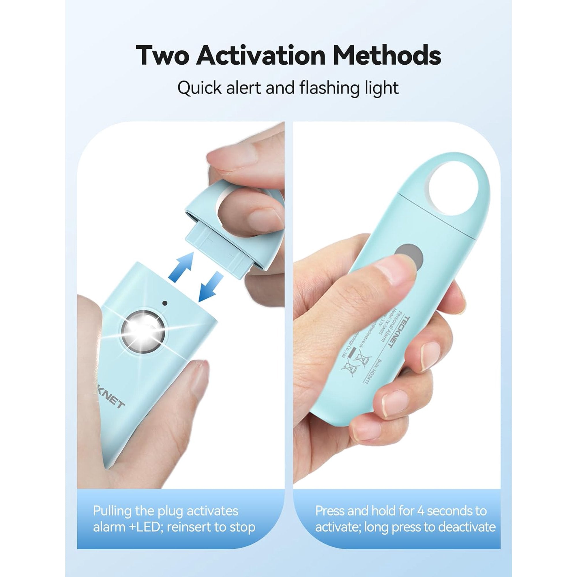 TECKNET BASICS Personal Safety Alarm, 130dB Rechargeable Keychain with Strobe Light & Low Battery Alert for Women, Men, Kids, Seniors - Blue