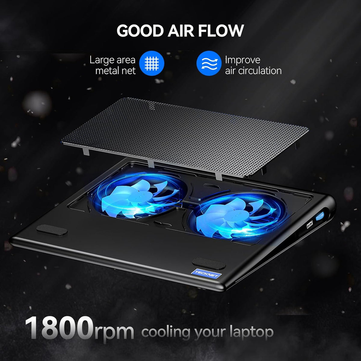 TECKNET BASICS Laptop Cooling Pad, Ultra-Quiet Cooler with Adjustable Fan Speeds, USB Powered Stand for 12-15.6" Gaming Laptops - Blue