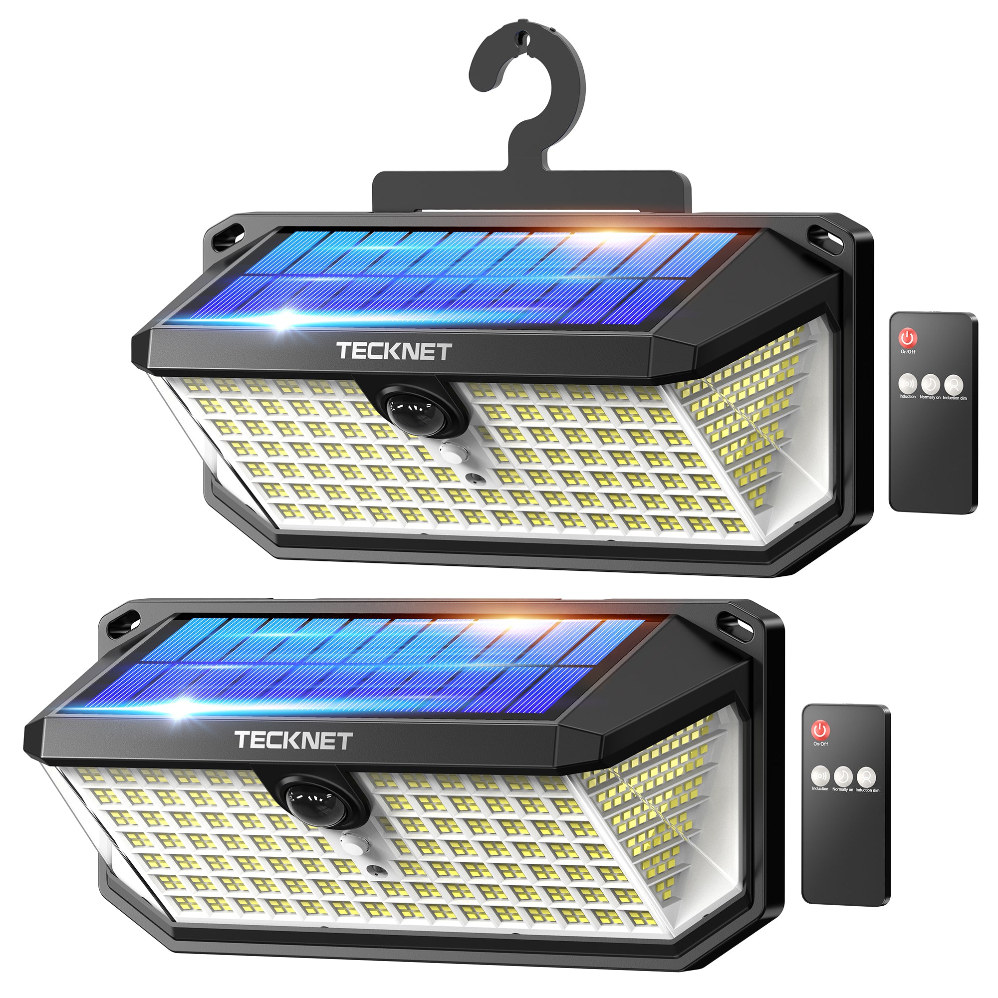 TECKNET 546 LED Motion Sensor Outdoor Lights with Remote Control & Hook,7500LM Solar Lights Outdoor with 2200mAh & IP66 Waterproof, 300° Angle & 3 Modes, Solar Lights for Patio Fence Garage 2 Pack
