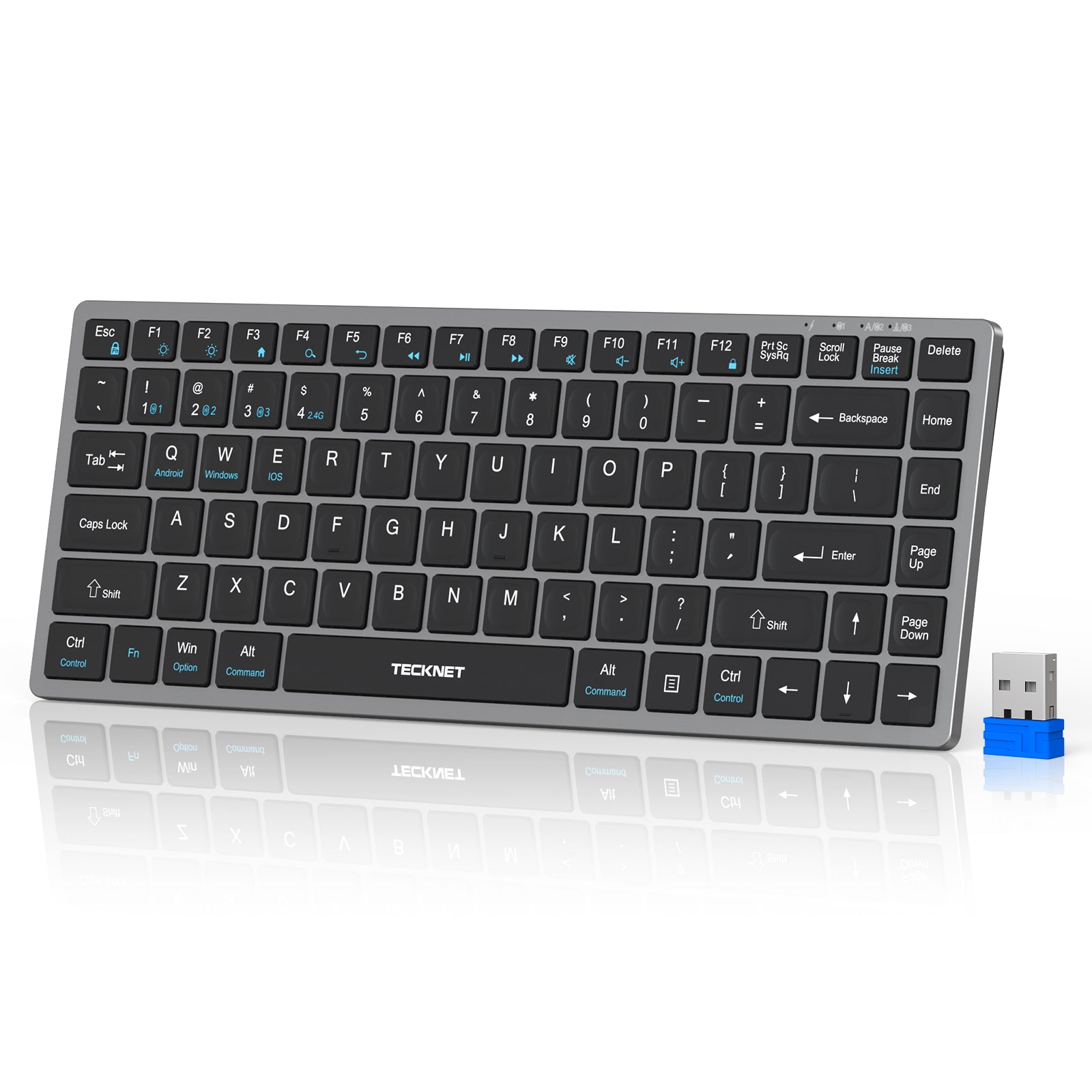 TECKNET Bluetooth Keyboard Rechargeable, 4-Device (2.4G+3BT) Wireless Keyboard, Ultra-Slim Quiet Typing, 14 Hotkeys Computer Keyboard for PC/Laptop/Smart TV/Tablet/Compatible with Apple iPad
