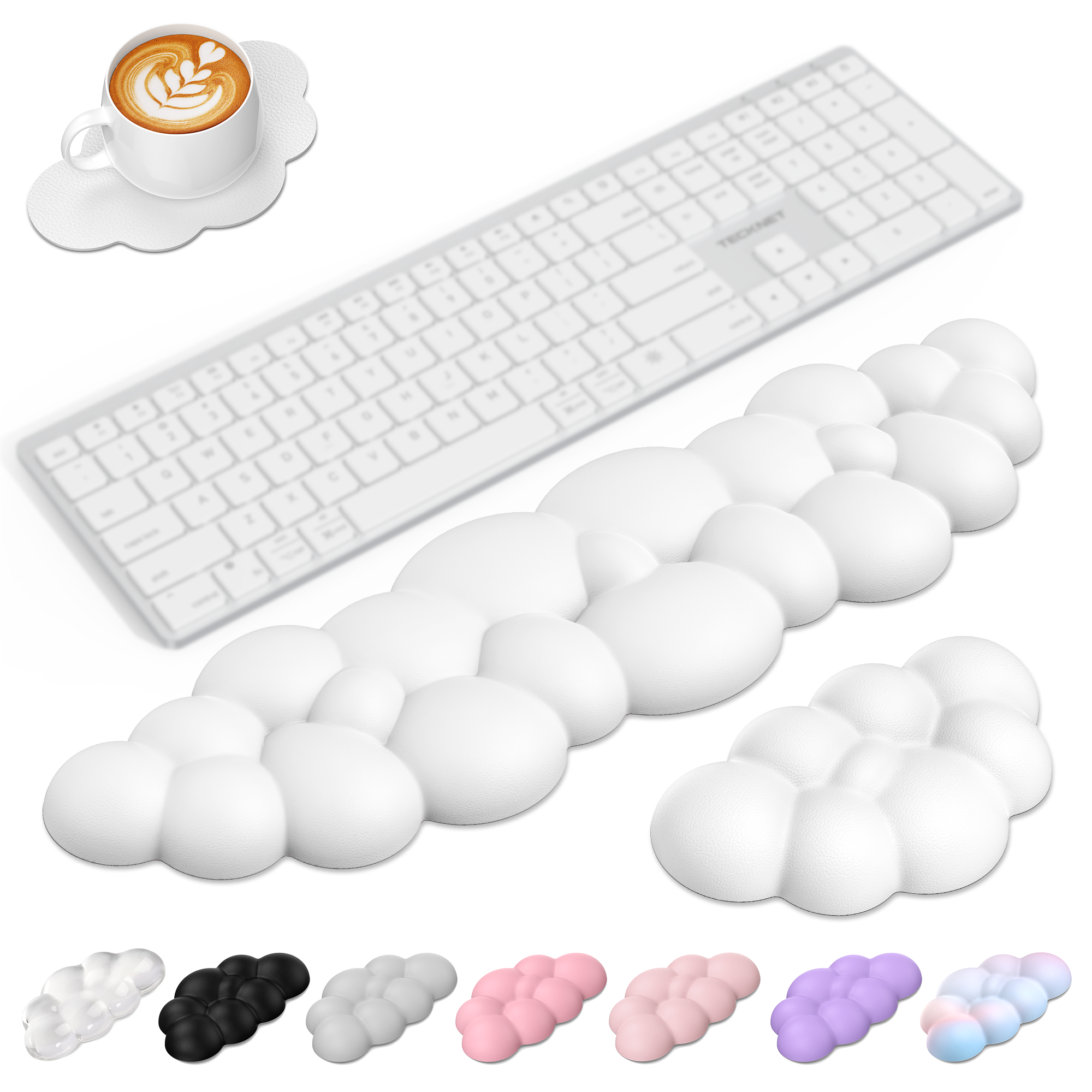 TECKNET BASICS Cloud Keyboard Wrist Rest Set, Non-Slip PU Leather Wrist Pad with Ergonomic Memory Foam, for Laptop/Office/Gaming & Pain Relief, White