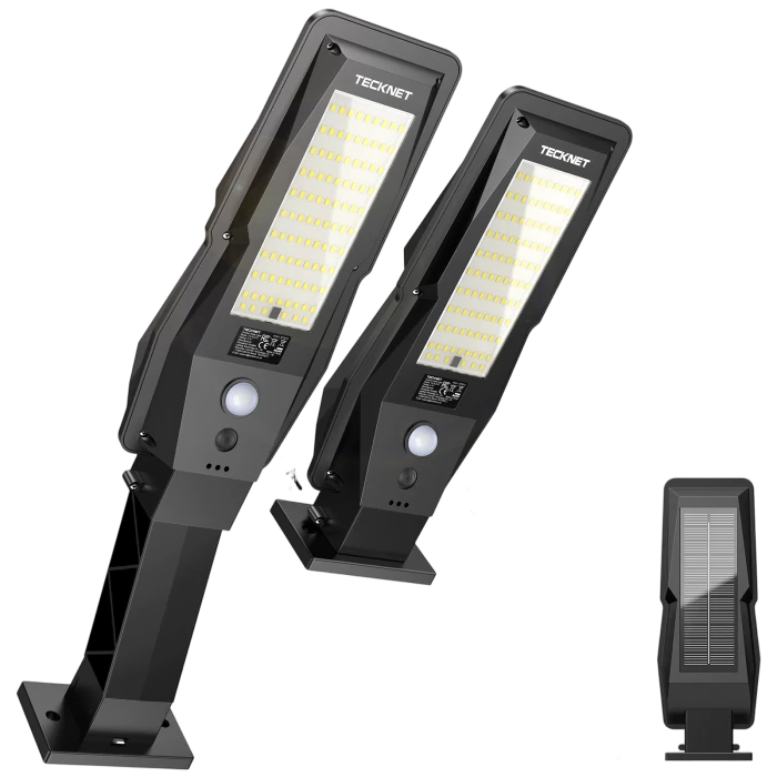 Two black TECHNET solar-powered outdoor LED light posts with mounting brackets, shown alongside a smaller inset view of a single solar panel on a white background.