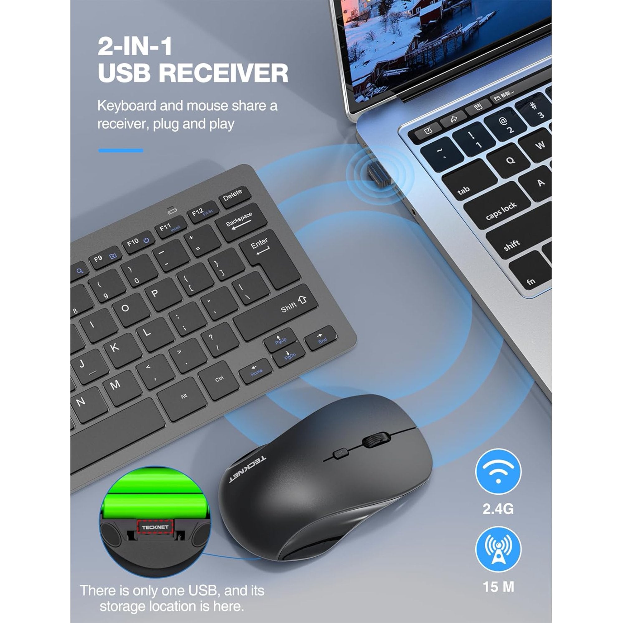 TECKNET BASICS Wireless Keyboard & Mouse Combo, 2.4GHz Mini Set, Silent 1600 DPI Adjustable, Quiet Click Lag-Free for PC/Laptop/Mac/Chrome OS (GS)