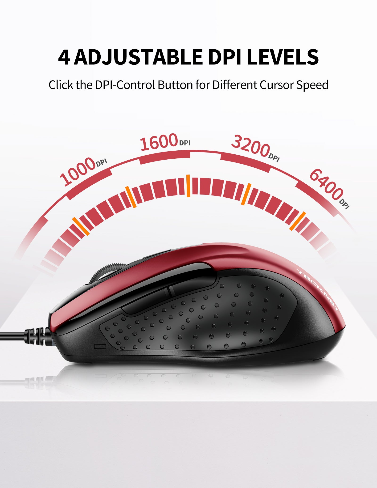 TECKNET Wired Mouse, 6-Button Corded with 4 Adjustable DPI, Optical Ergonomic Design, 11FT Cord for Laptop, Chromebook, PC, Desktop, Mac, Notebook - Red