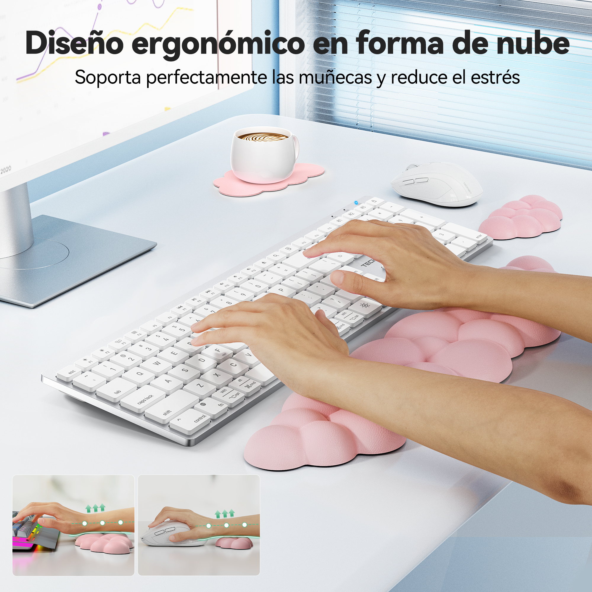 TECKNET BASICS Cloud Keyboard Wrist Rest Set, Non-Slip PU Leather Wrist Pad with Ergonomic Memory Foam, for Laptop/Office/Gaming & Pain Relief, Light Pink