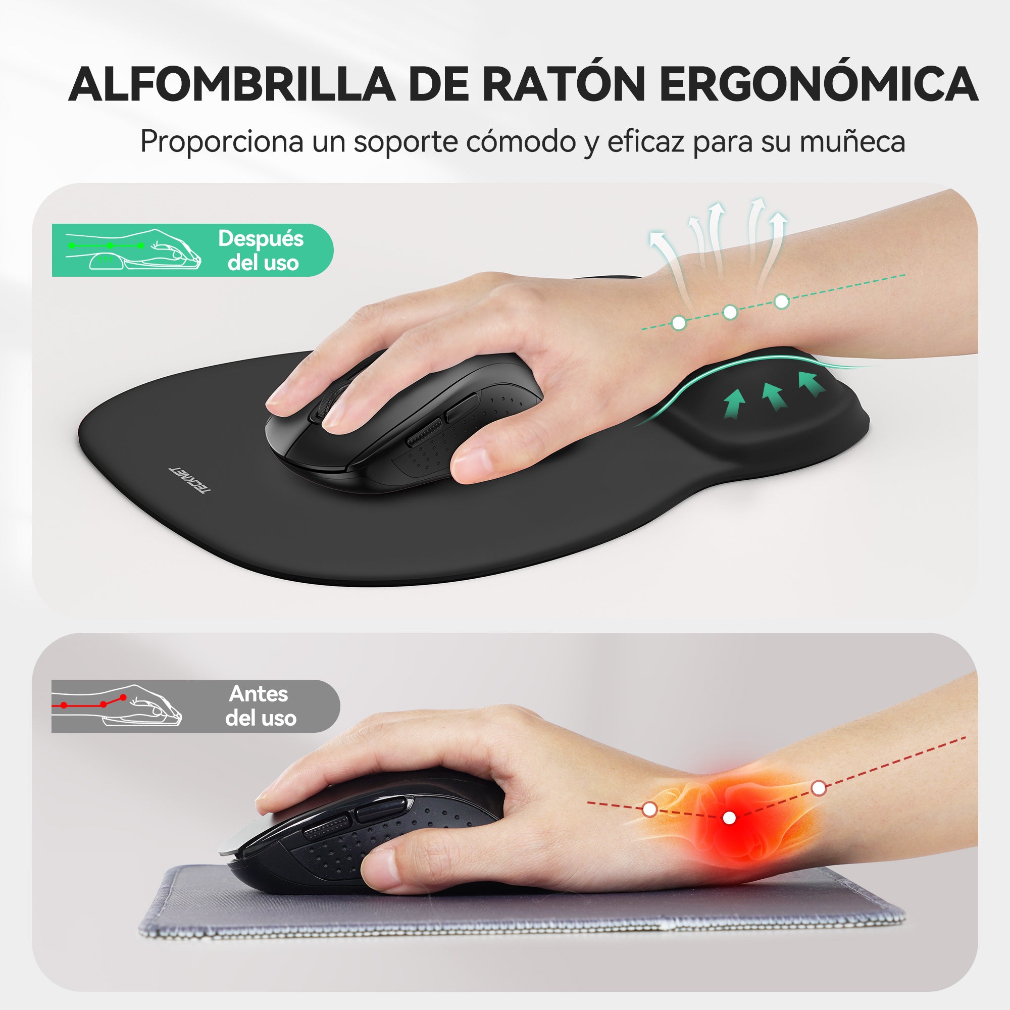 TECKNET Gel Mouse Pad with Wrist Rest, Ergonomic Office Mousepad with Wrist Support, Non-Slip & Smooth Surface, Comfortable Desk Mat for Office Gaming Study-Black