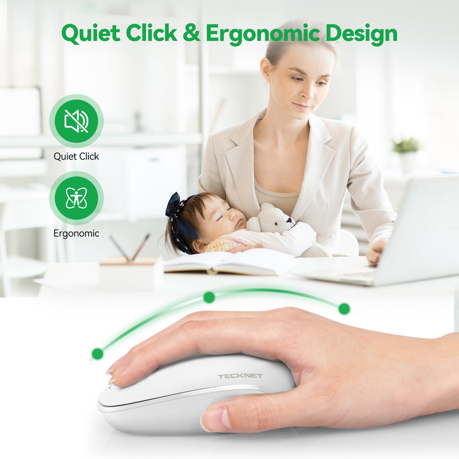 TECKNET Wireless Mouse, 2.4G Quiet Computer Mouse with USB Receiver, 4 Buttons Portable Cordless Mice for Chromebook, Laptop, PC, Mac, 800/1200/1600 DPI