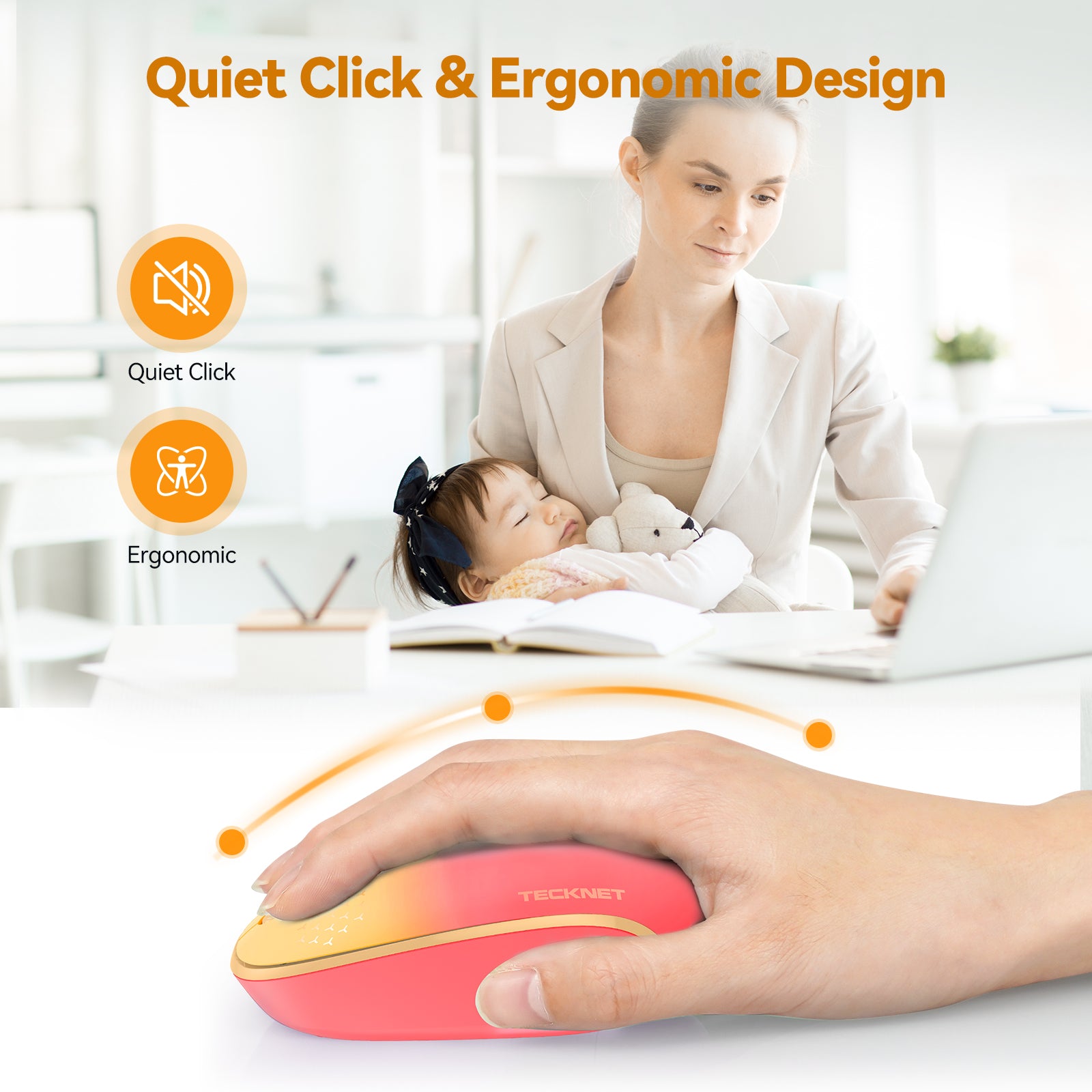 TECKNET Wireless Mouse, 2.4G Quiet Computer Mouse with USB Receiver, 4 Buttons Portable Cordless Mice for Chromebook, Laptop, PC, Mac, 800/1200/1600 DPI
