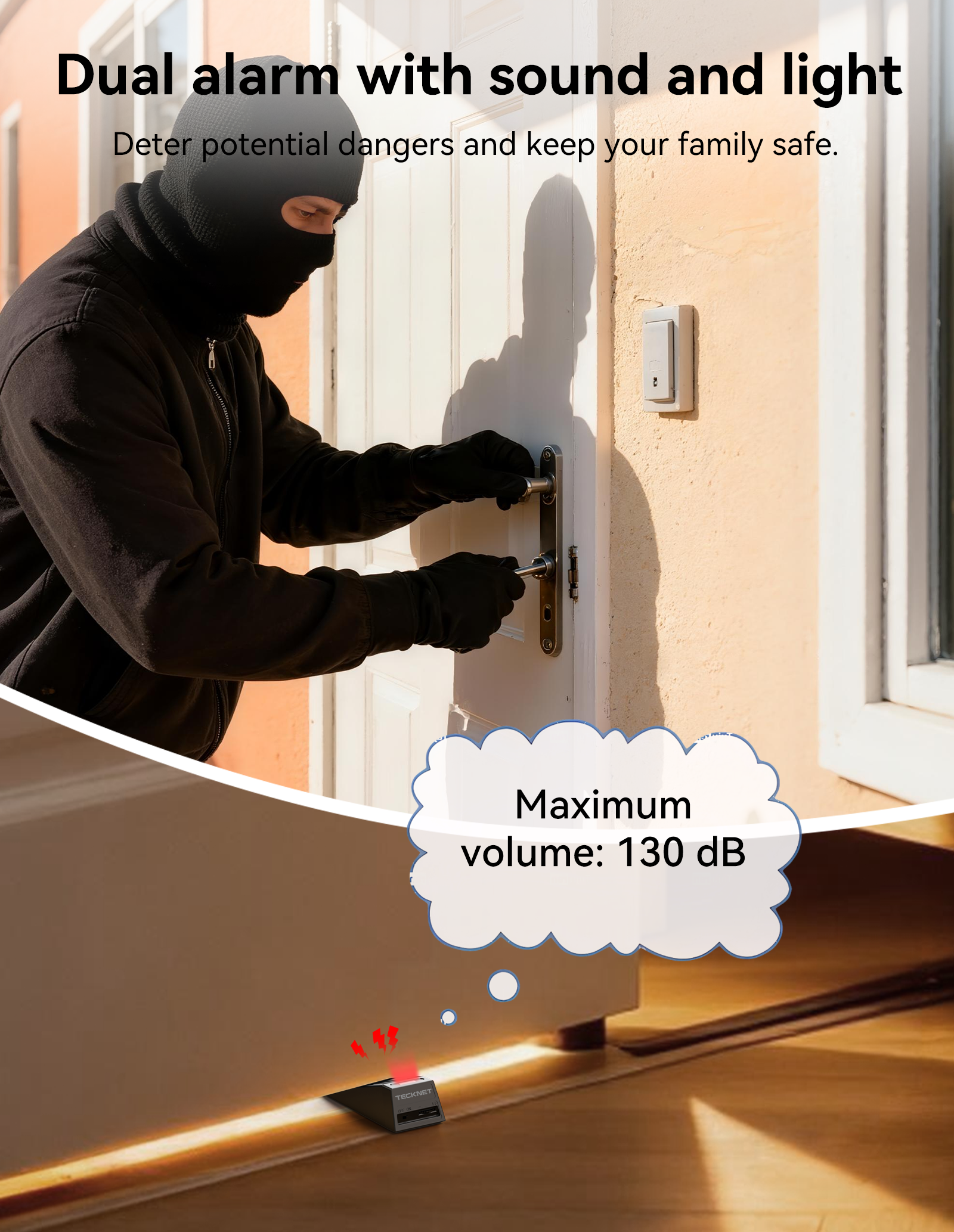 TECKNET Door Stop Alarm, Door Stopper with 130dB Security Alarm, Rechargeable Door Wedge Stop Siren with Non-Slip Silicone Base Suitable for Door Bottom, Portable Anti-Theft for Home/Hotel/Apartment Visit the TECKNET Store