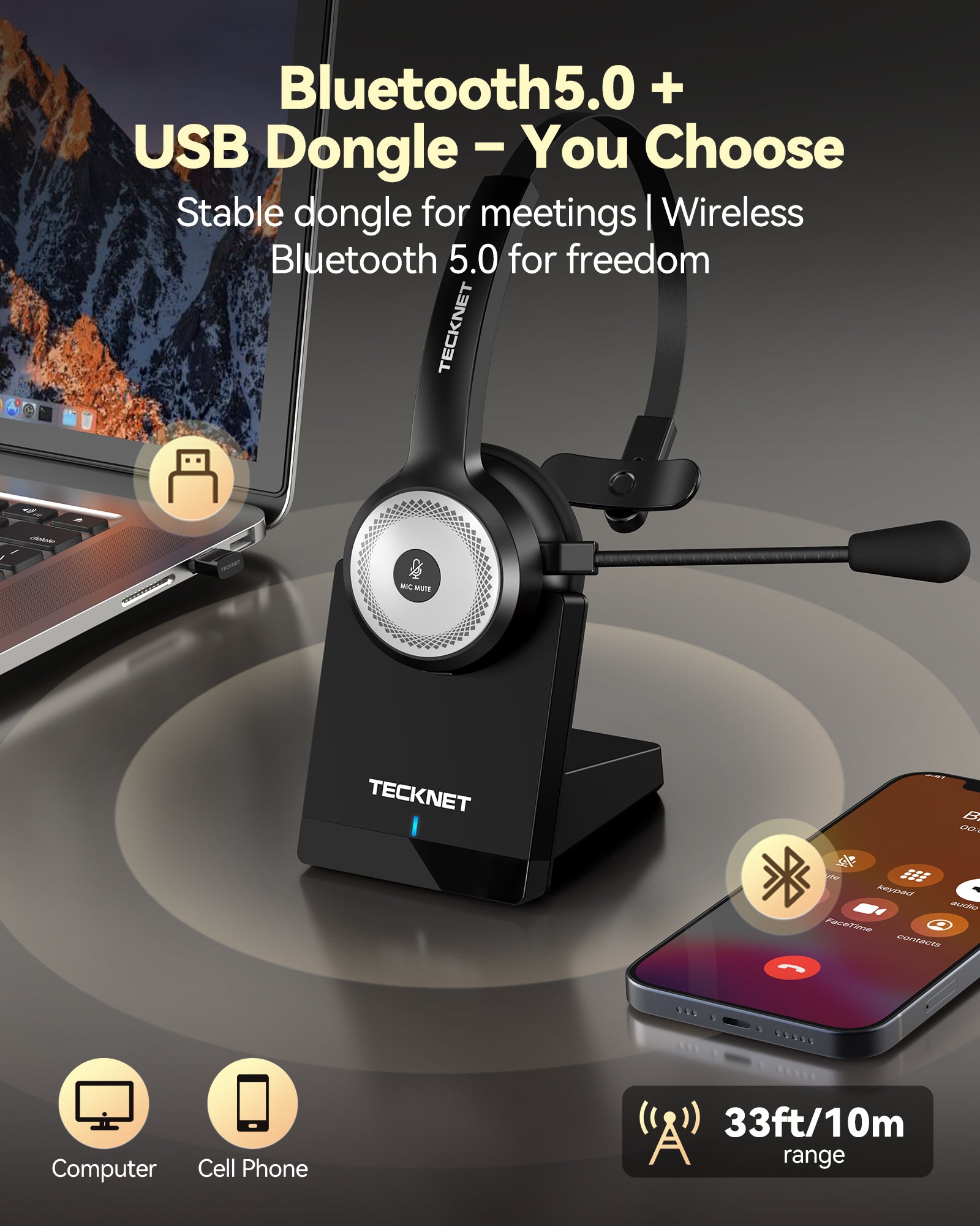 TECKNET Wireless Headset for Work, 40Hrs Worktime AI Noise Cancelling Computer Headphones with Charging Base, Bluetooth Headset with Mic & USB Dongle for PC/Laptop/Call Center