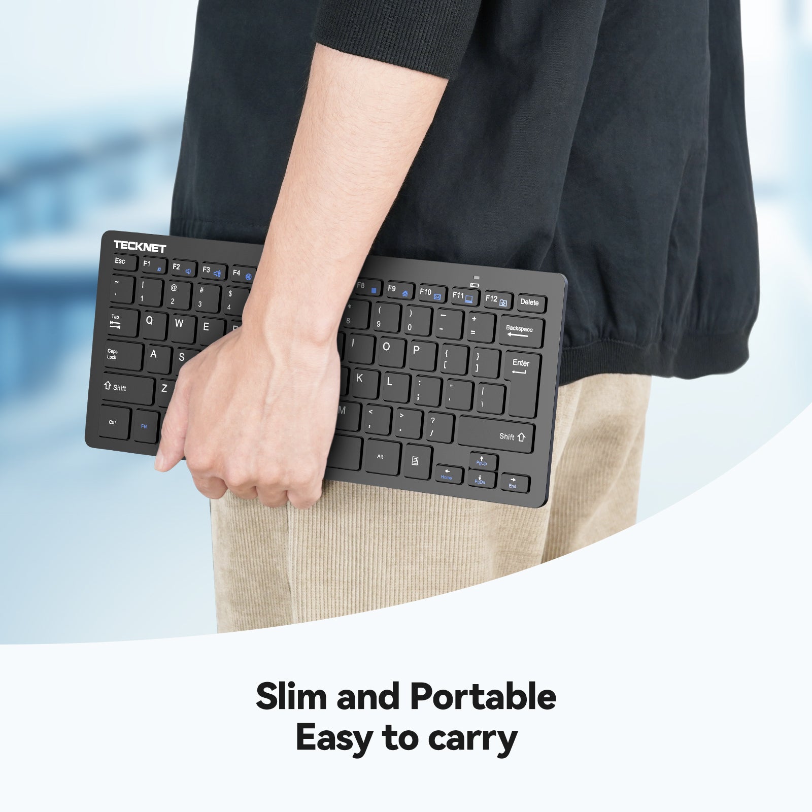 TECKNET BASICS 2.4G Wireless Keyboard - Mini Compact Keyboard with Media Hotkeys, 12-Month Battery Life, Compatible with PC, Desktop, Laptop, Smart TV - Black