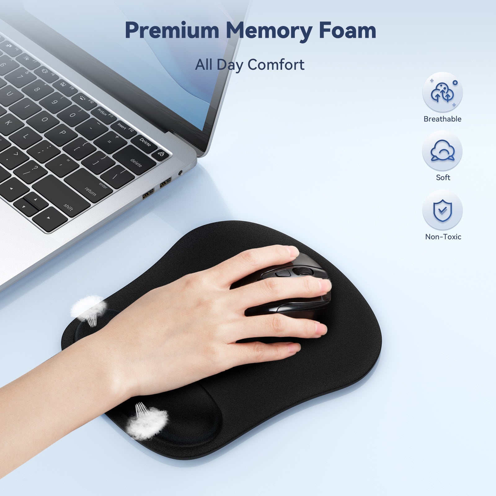 TECKNET BASICS Mouse Pad with Wrist Support, Ergonomic Gaming Mouse Pad for Pain Relief, Non-Slip Waterproof Desk Pad for Office, Study & Laptop, Black