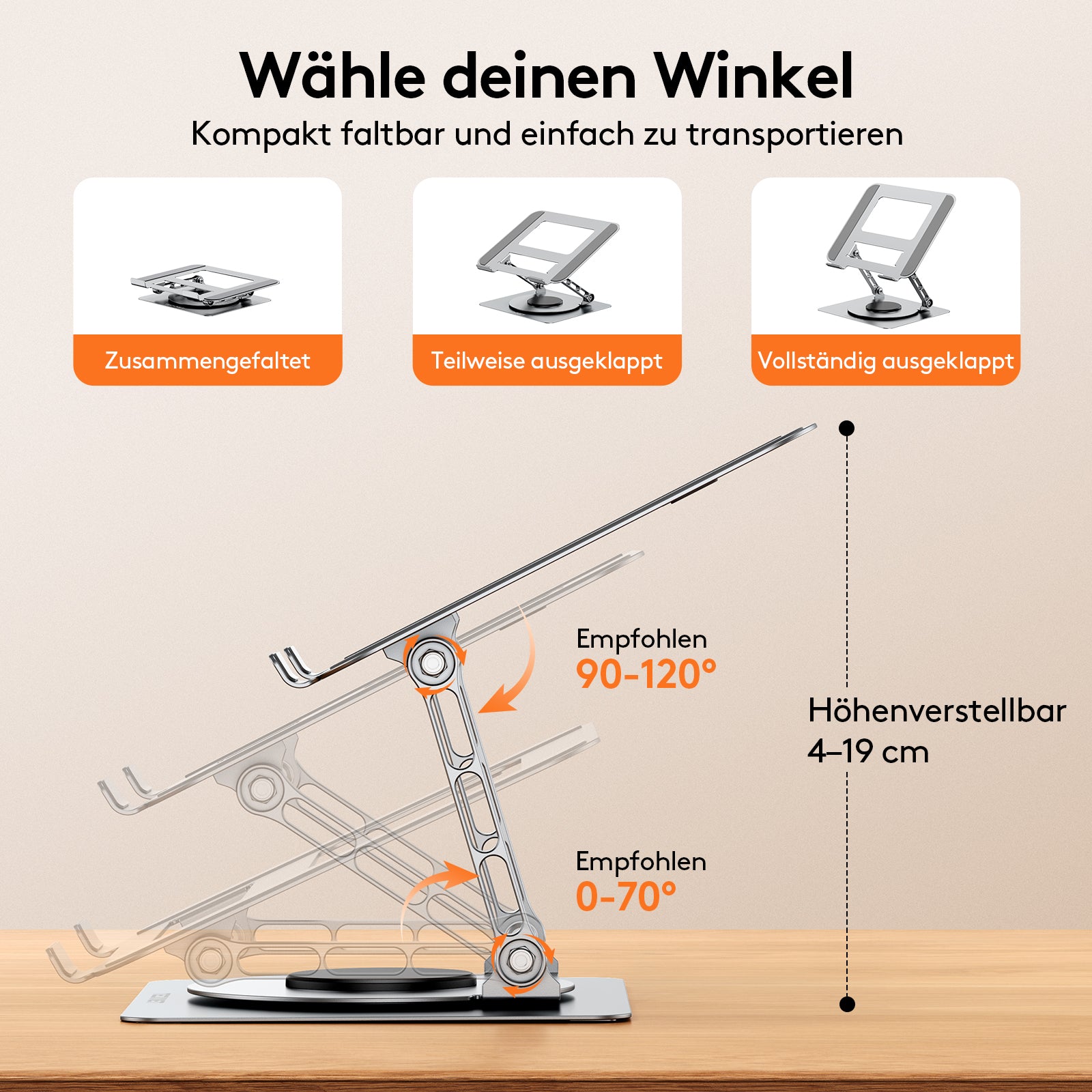 TECKNET BASICS Laptop Stand with 360° Rotating Base, Ergonomic Foldable Riser, Height Adjustable for MacBook/Dell/HP & All 10-17" Laptops- Silver