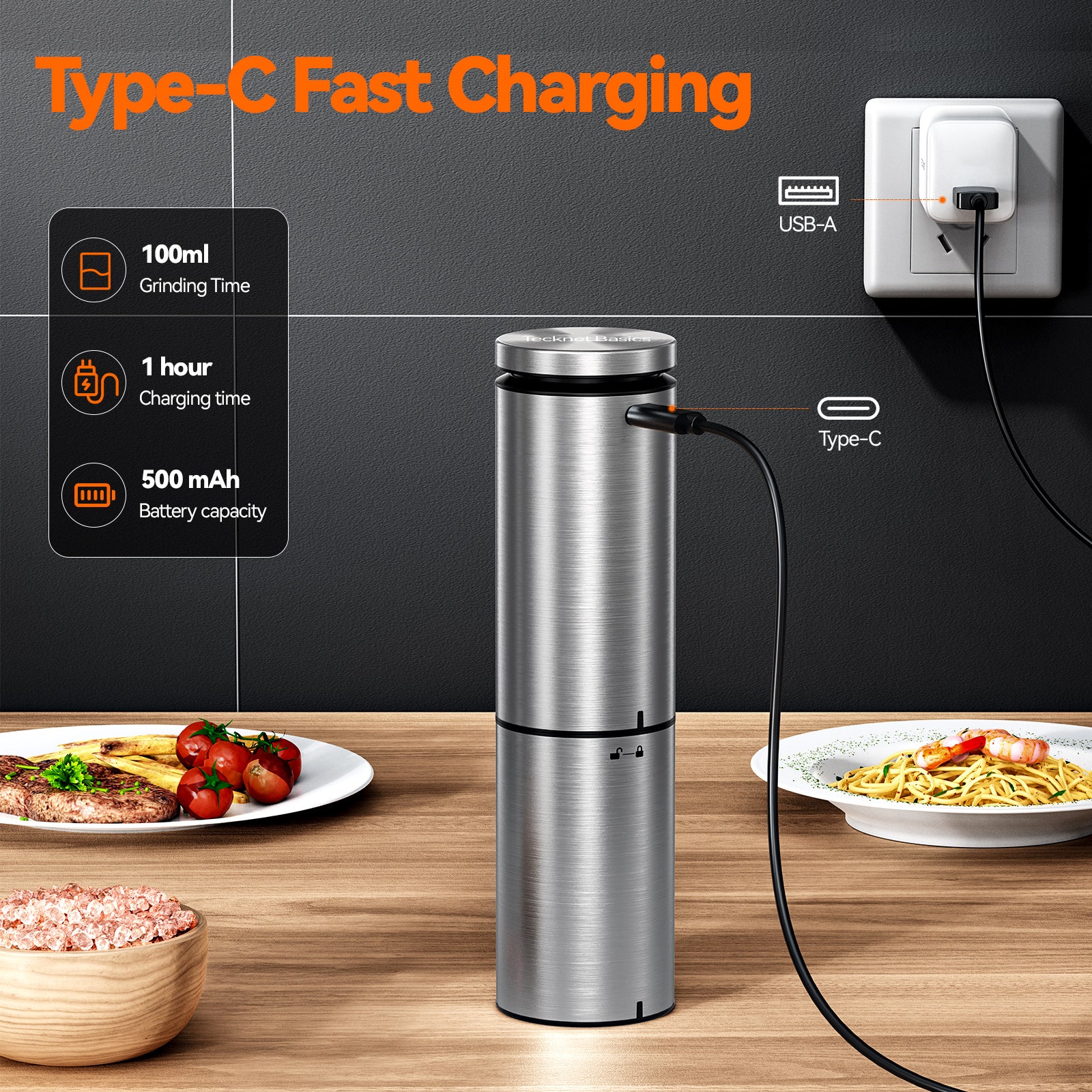 Tecknet Electric Salt and Pepper Grinder Set Rechargeable Stainless Steel