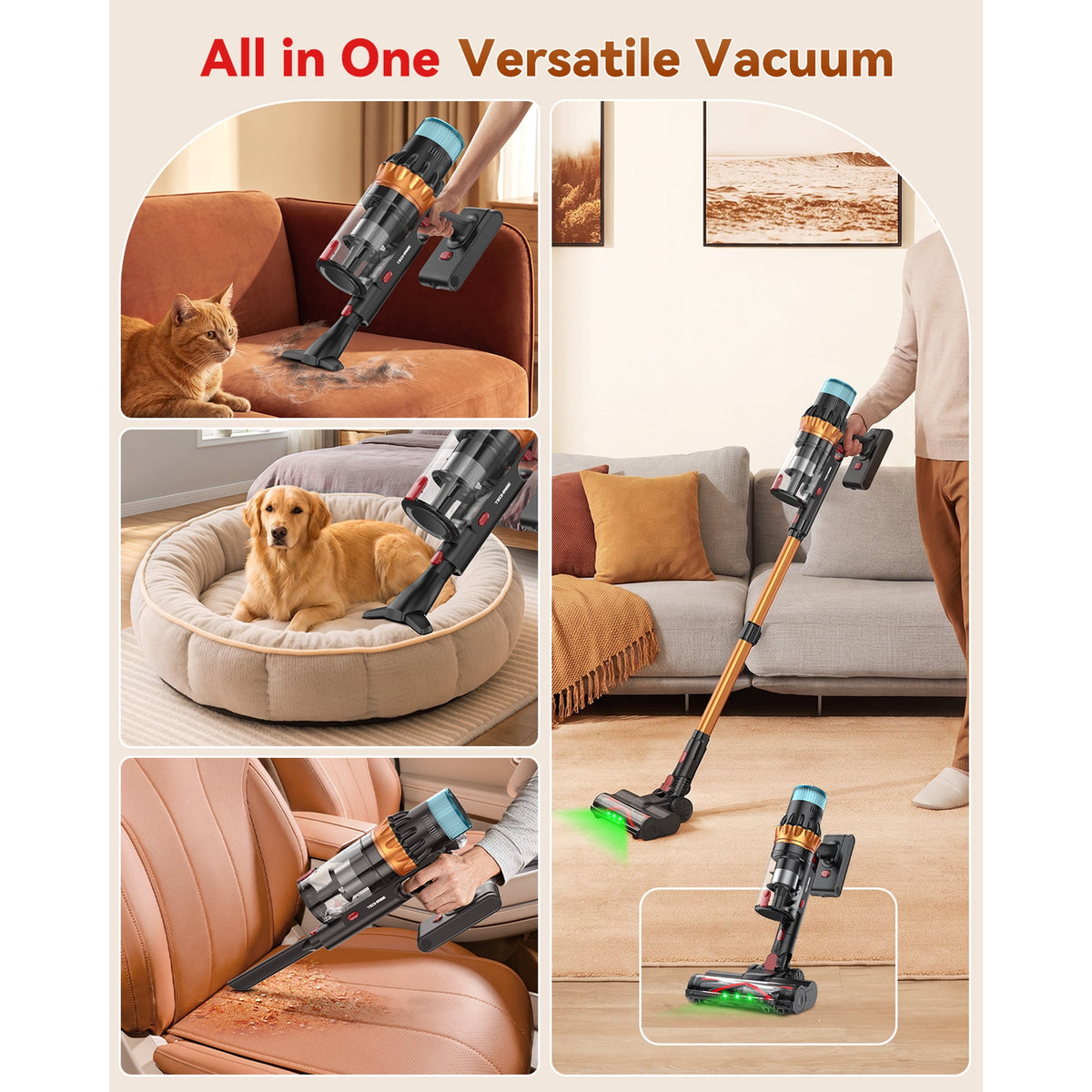 TechRise Basic 58kPa/680W Cordless Vacuum Cleaners for home, 70Mins Long Runtime, Anti-Tangle, Self-Standing for Pet Hair & Carpet