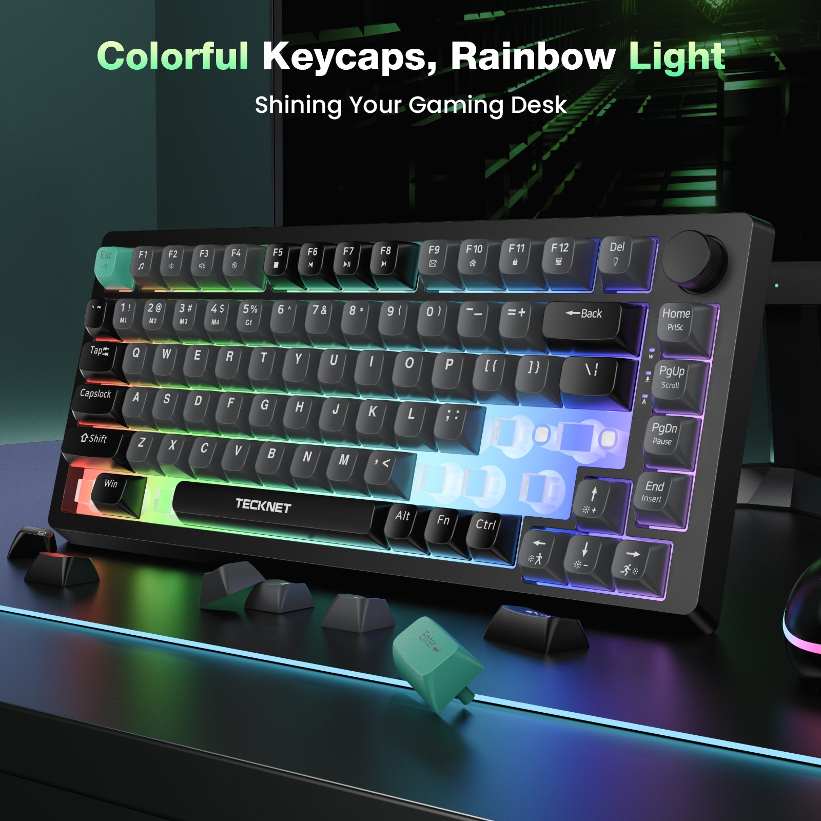 TECKNET RGB Gaming Keyboard,Compact 83 Keys Wired Keyboard with Volumn Knob