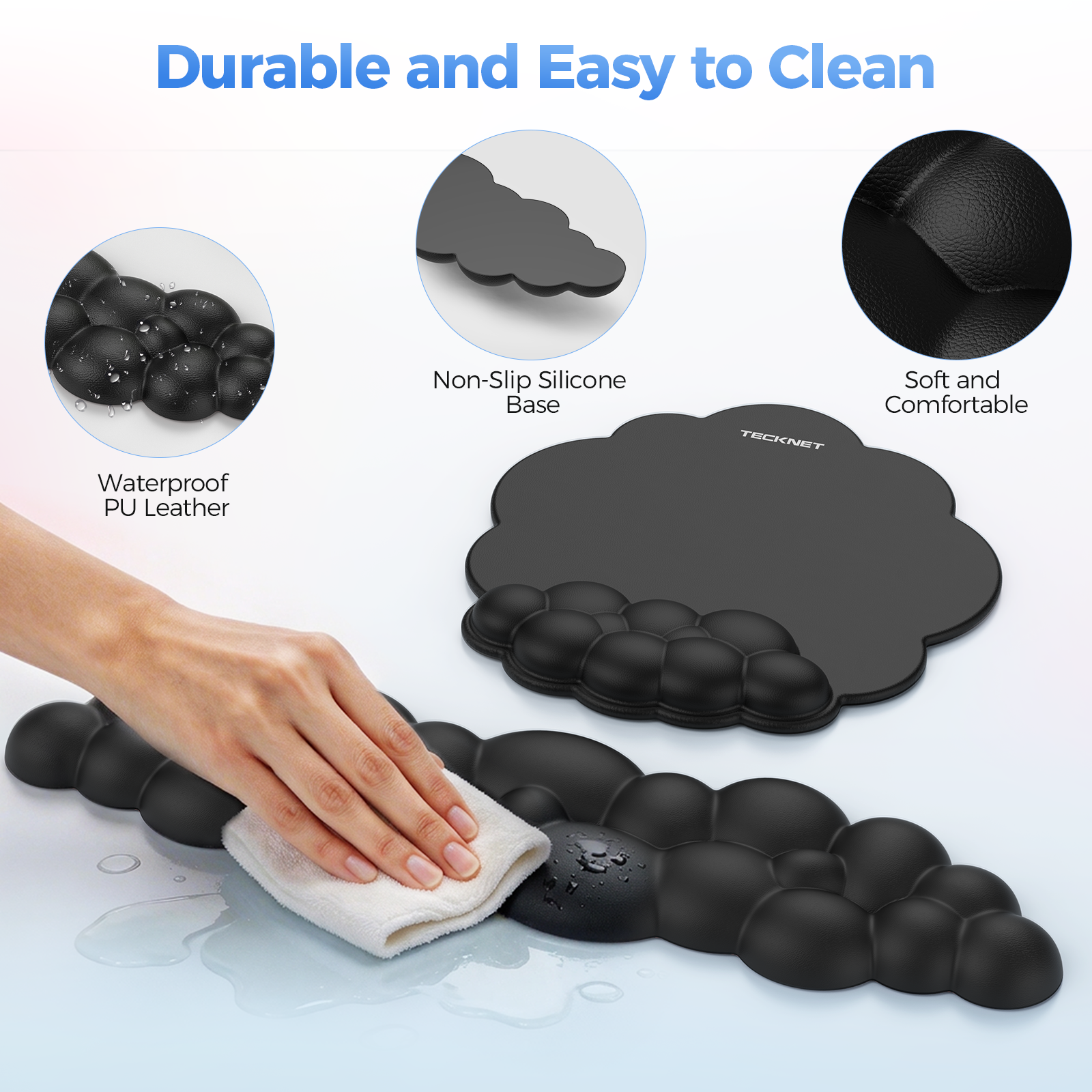 TECKNET BASICS Cloud Ergonomic Mouse Pad with Wrist Rest, Memory Foam Support & Non-Slip Base for Pain Relief, Office & Gaming, Black
