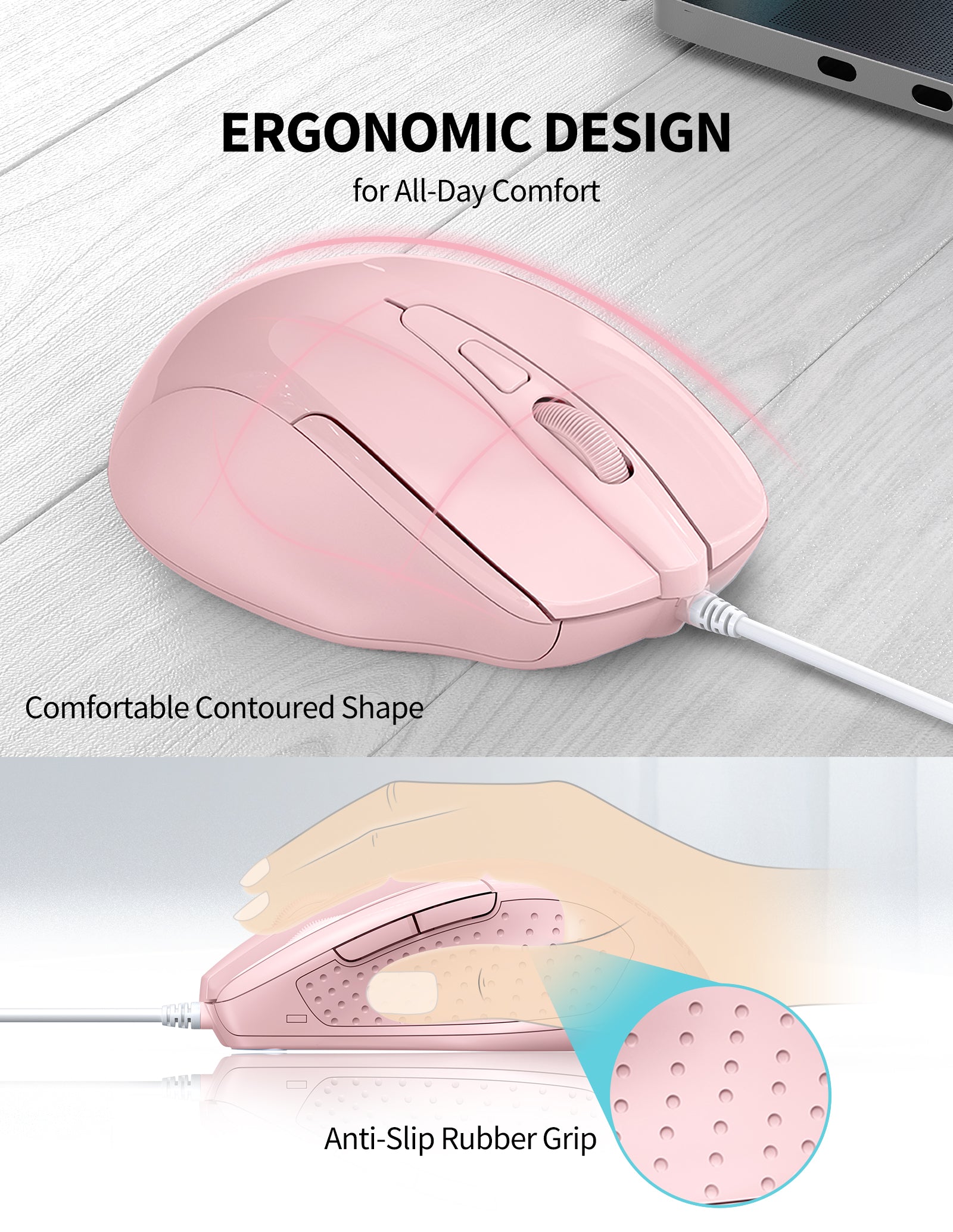 TECKNET BASICS Wired Mouse, 6-Button Corded with 4 Adjustable DPI, Optical Ergonomic Design, 5FT Cord for Laptop, Chromebook, PC, Desktop, Mac, Notebook