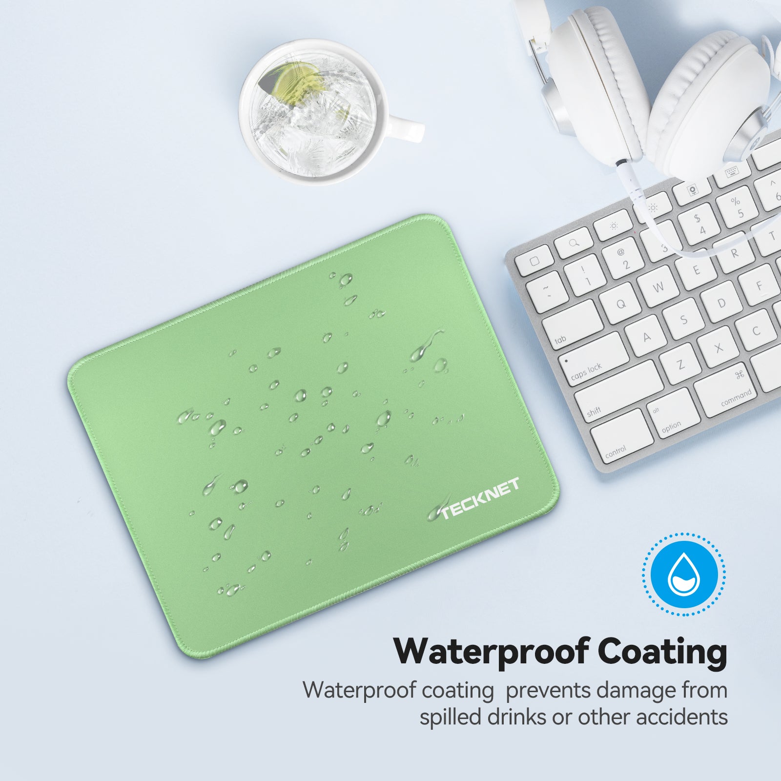 TECKNET BASICS Mouse Pad with Anti-fray Stitching, Waterproof Non-Slip Base, Stitched Edges Gaming Mouse Mat for Laptop, Compatible with Laser/Optical Mice - LT.Green