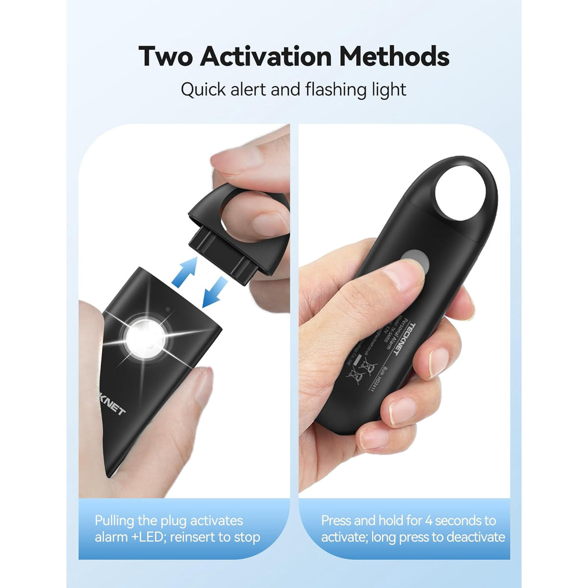 TECKNET Personal Safety Alarm, 130dB Rechargeable Keychain with Strobe Light & Low Battery Alert for Women, Men, Kids, Seniors - Black