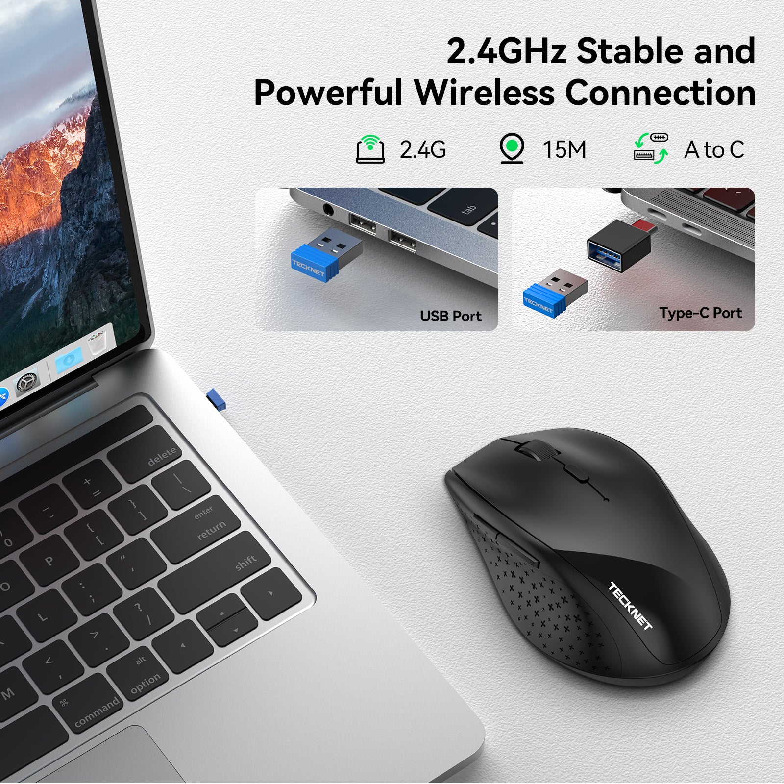 TECKNET Wireless Mouse, 2.4G USB Computer Mouse with 6-Level Adjustable 4800 DPI, Silent Quiet Click,30 Months Battery, Ergonomic Grips, 6 Buttons Portable for PC, Chromebook, Mac - Black