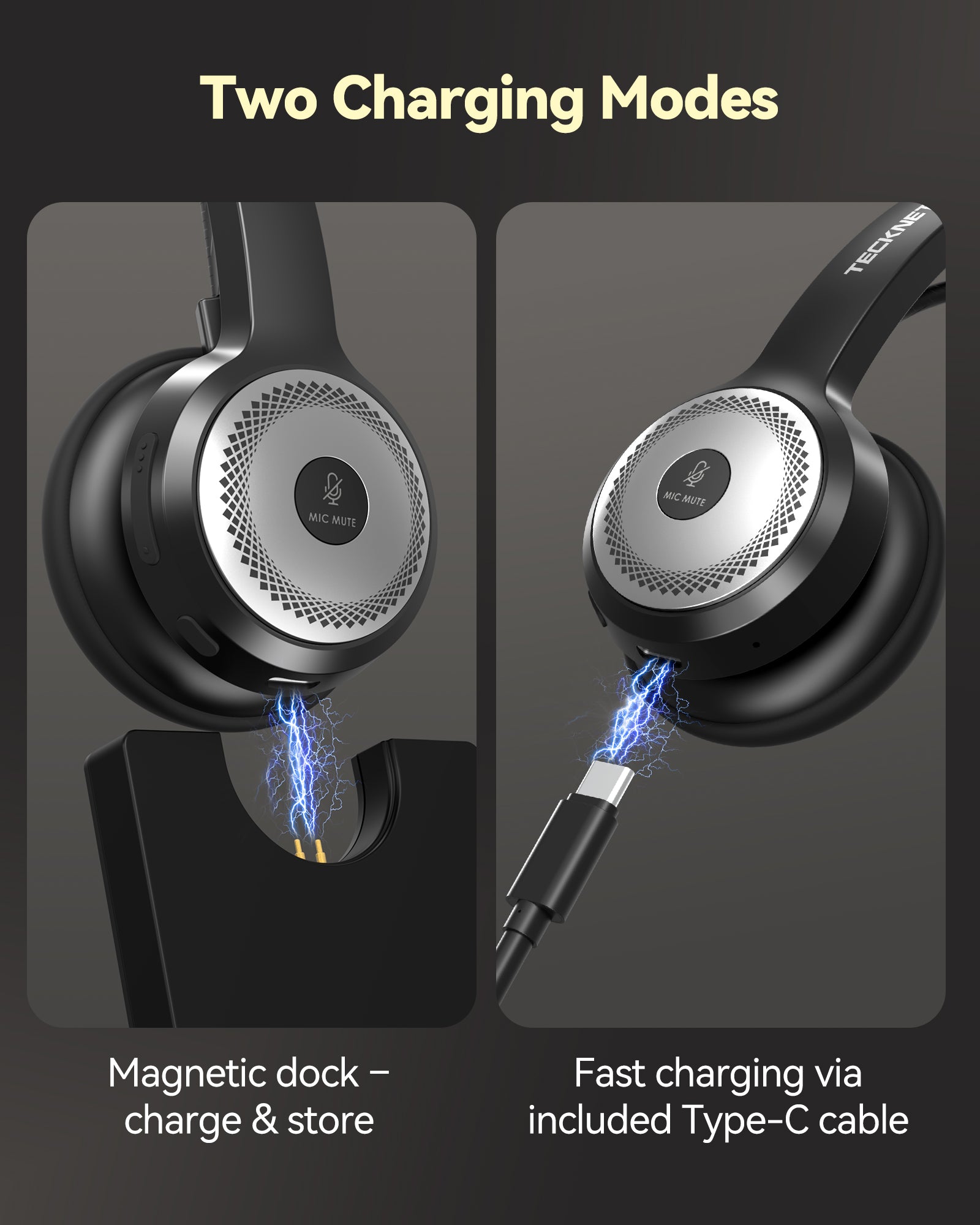 TECKNET Wireless Headset for Work, 40Hrs Worktime AI Noise Cancelling Computer Headphones with Charging Base, Bluetooth Headset with Mic & USB Dongle for PC/Laptop/Call Center