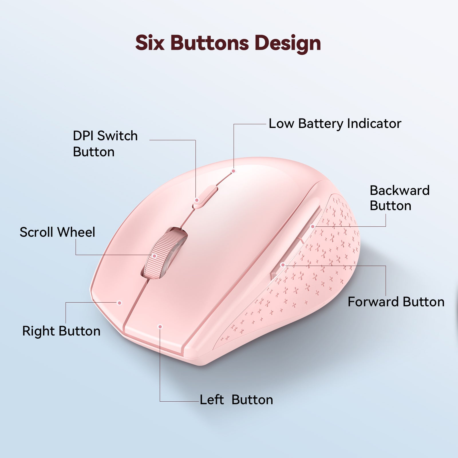 TECKNET Bluetooth Mouse, 4800 DPI Wireless Mouse, 2-Year Battery 6 Adjustable DPI, 6 Buttons Compatible with Laptop/Windows/Computer - Pink
