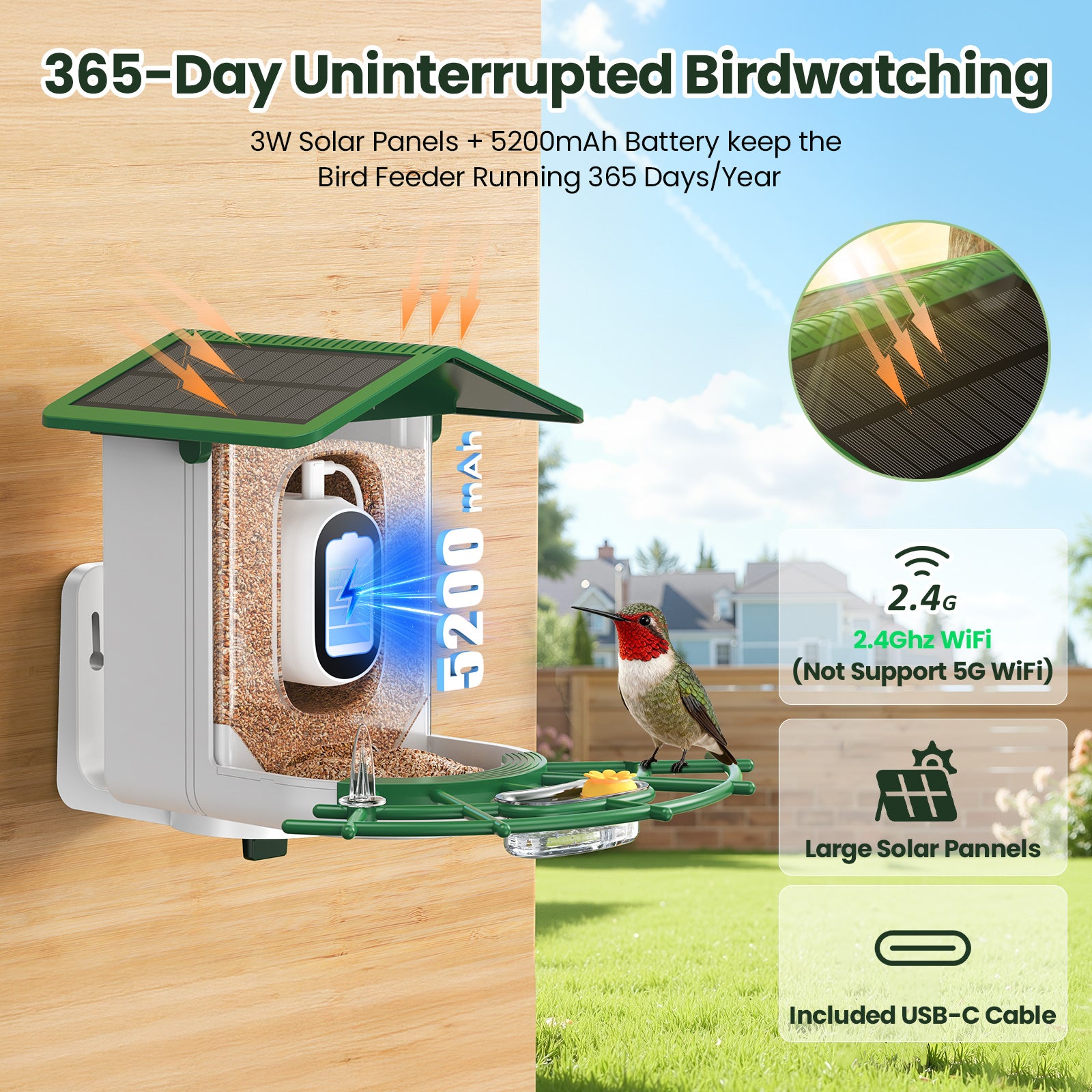 TECKNET BASICS Smart Bird Feeder with Camera, 2K UHD Video, AI Bird Species Identifier, Solar Powered Waterproof Birdhouse, Instant Bird Alerts, Gift for Bird Lovers, Green