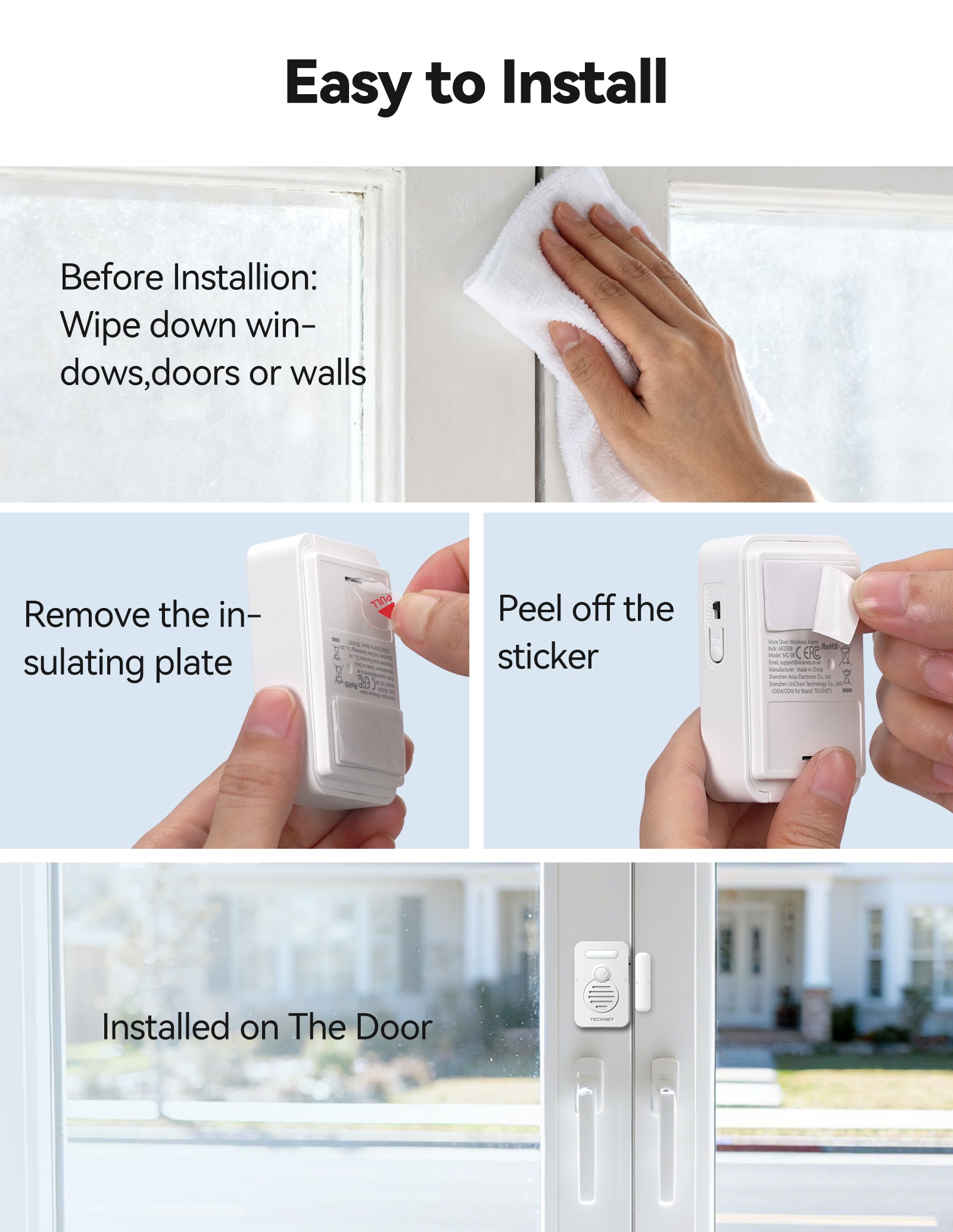 TECKNET Door Alarms for Kids Safety, Door Alarms When Opened, Window Alarm with Smart Voice Alert, 4-Level Adjustable Volume, Refrigerator Sensor Pool Alarm for Home Security、Fridge、Garage and Window