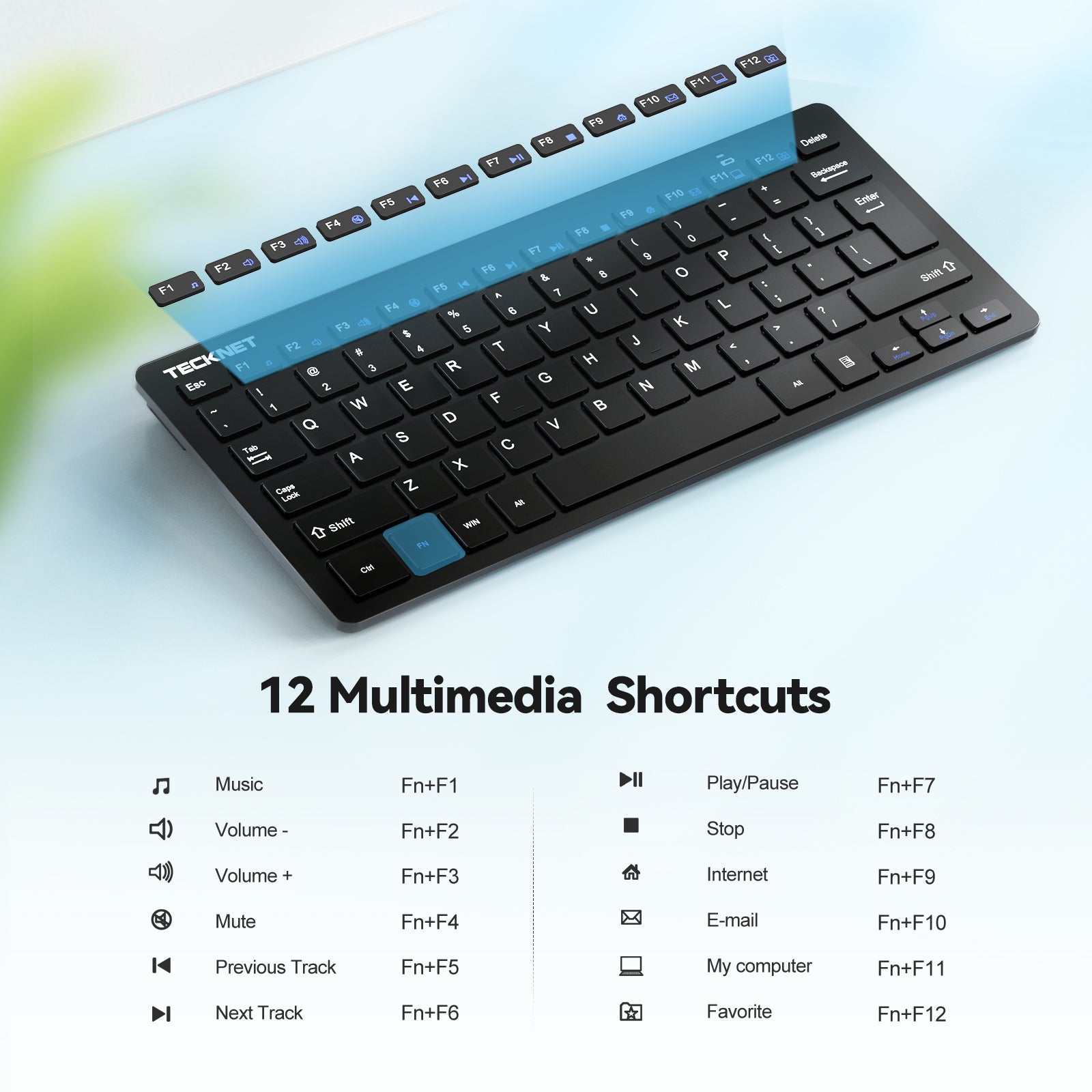 TECKNET BASICS 2.4G Wireless Keyboard - Mini Compact Keyboard with Media Hotkeys, 12-Month Battery Life, Compatible with PC, Desktop, Laptop, Smart TV - Black