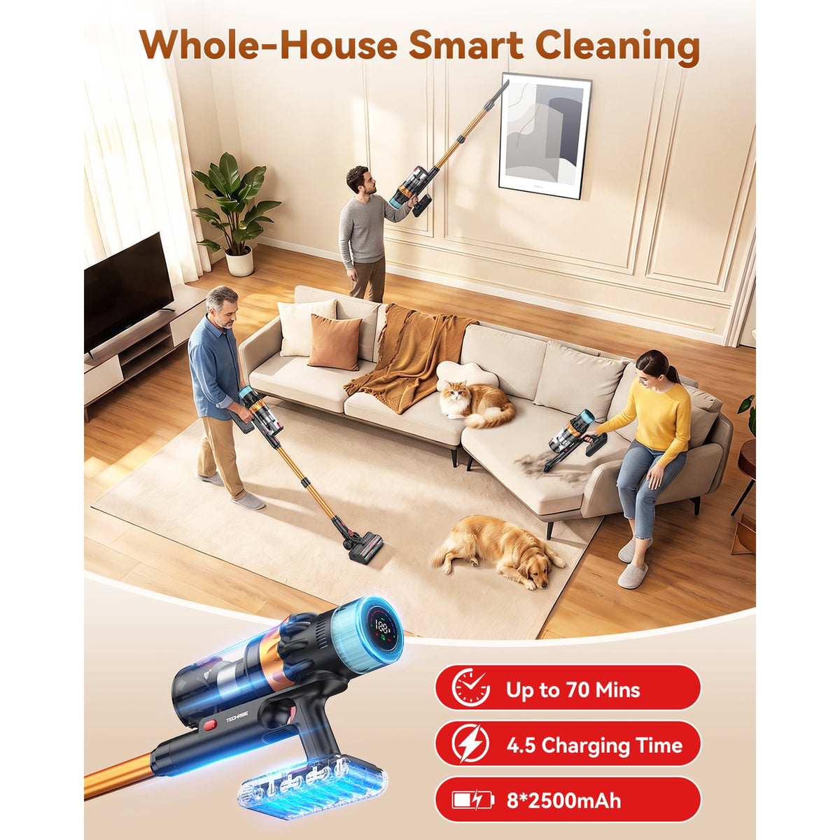TechRise Basic 58kPa/680W Cordless Vacuum Cleaners for home, 70Mins Long Runtime, Anti-Tangle, Self-Standing for Pet Hair & Carpet