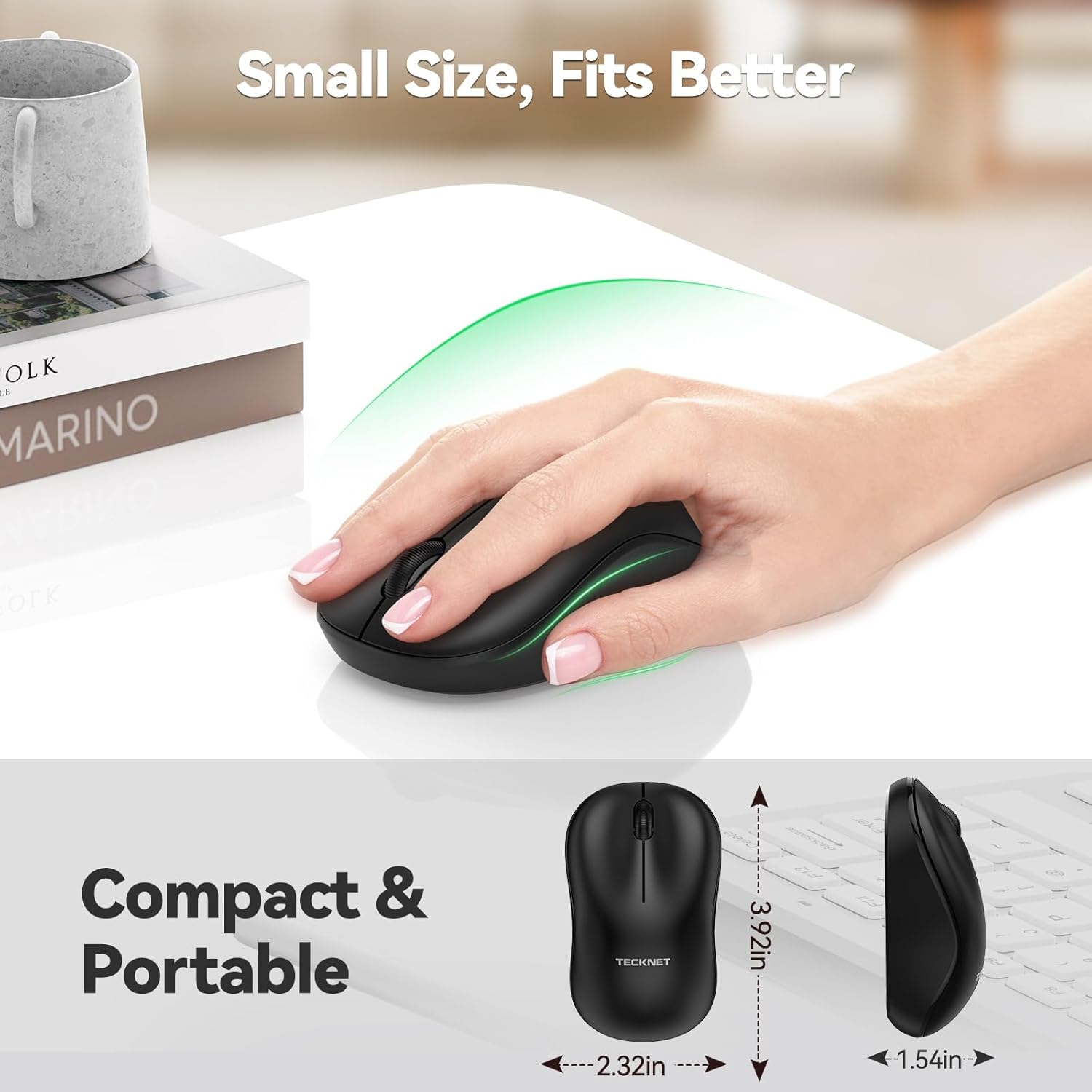 TECKNET Wireless Mouse for Laptop, 2.4G Silent Computer Mouse Quiet Click with 5 DPI Levels,Contoured Grip,Small Portable 30 Months Battery Cordless Mice for PC, Chromebook, Mac -Black