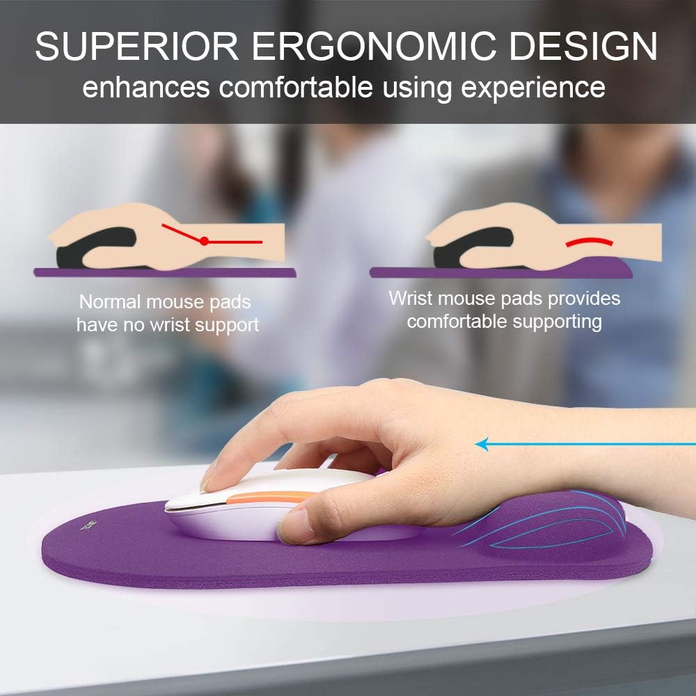 TECKNET BASICS Mouse Pad with Wrist Support, Ergonomic Gaming Mouse Pad for Pain Relief, Non-Slip Waterproof Desk Pad for Office, Study & Laptop,Purple