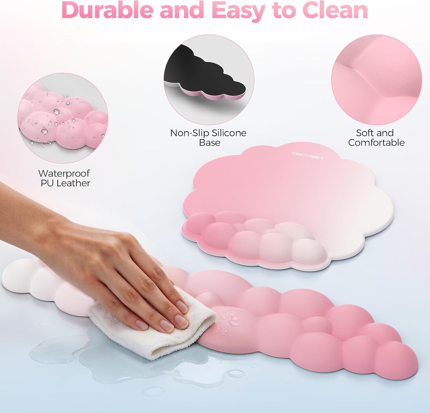 TECKNET Cloud Ergonomic Mouse Pad with Wrist Rest, Memory Foam Support & Non-Slip Base for Pain Relief, Office & Gaming, Pink