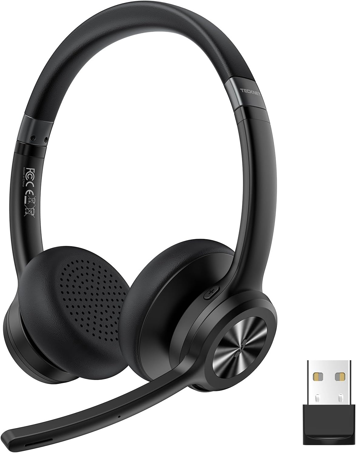 TECKNET Bluetooth Headset, USB Wireless Headset with Microphone Noise Canceling, 50H Playtime & Mute, Wireless Headphones with Mic BT 5.2 On-Ear Headphones for Trucker Cellphone Office Call Center