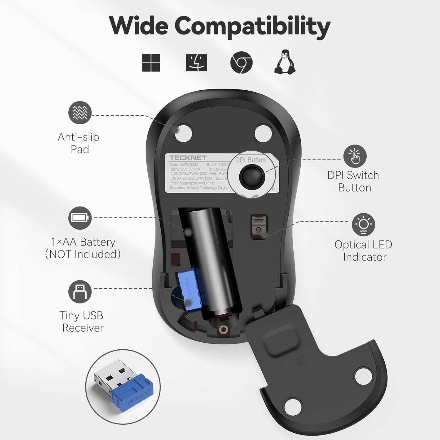 TECKNET Wireless Mouse for Laptop, 2.4G Silent Computer Mouse Quiet Click with 5 DPI Levels,Contoured Grip,Small Portable 30 Months Battery Cordless Mice for PC, Chromebook, Mac