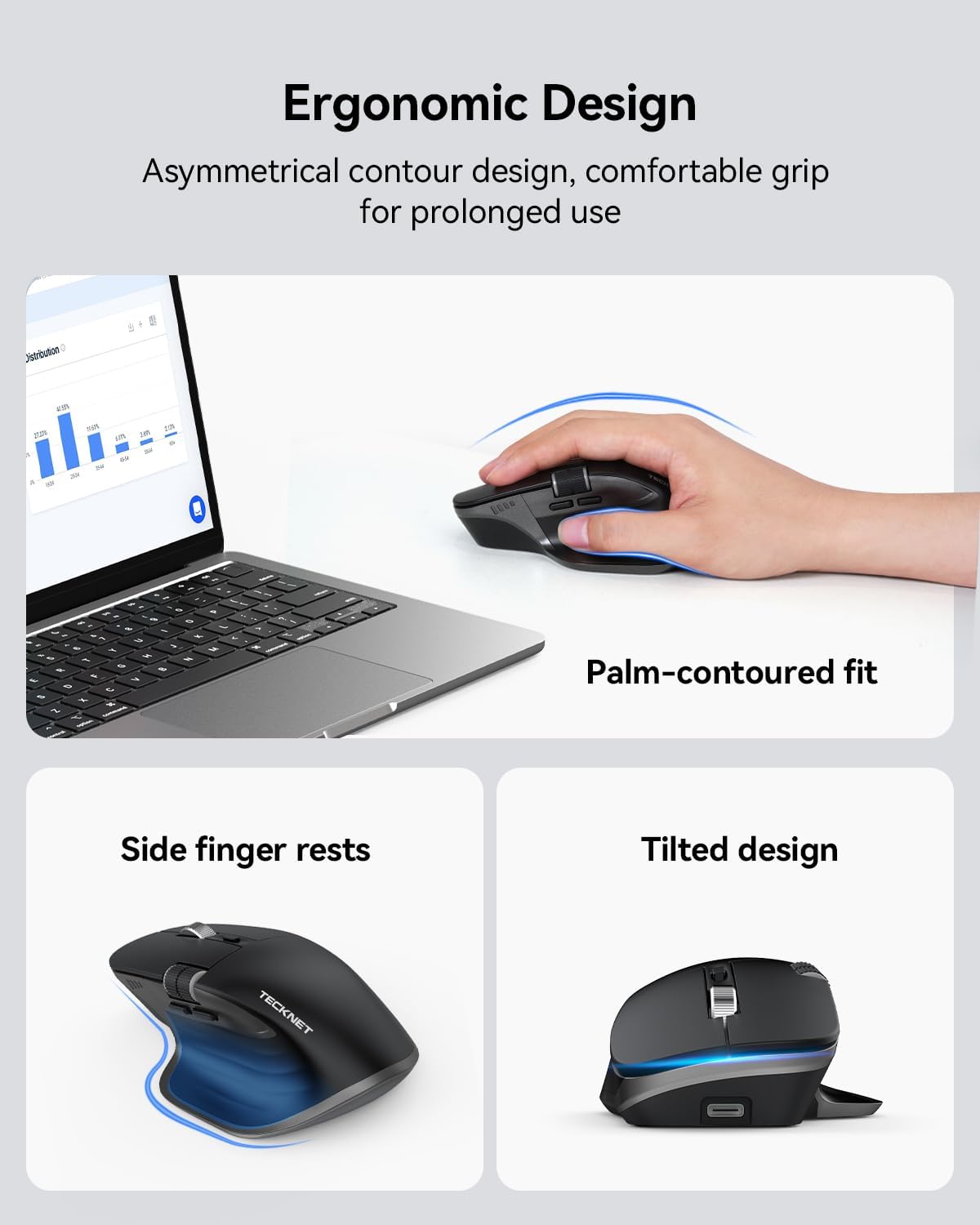 TECKNET Wireless Mouse, Bluetooth Mouse (BT5.0/5.0 & 2.4G) Rechargeable 4800 DPI Ergonomic Optical Mouse with 6 Adjustable