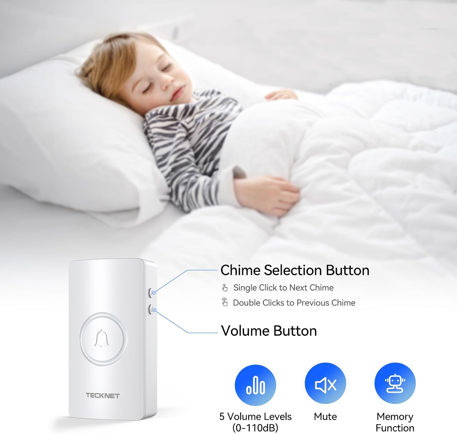 TECKNET Wireless Doorbell 1312FT, IP67 Waterproof Classroom Doorbell Battery-Powered Door Bell, 60 Chimes 5-Level Volume, 4.5-year Battery Life, Electric Doorbells No Plug-in Required for Home