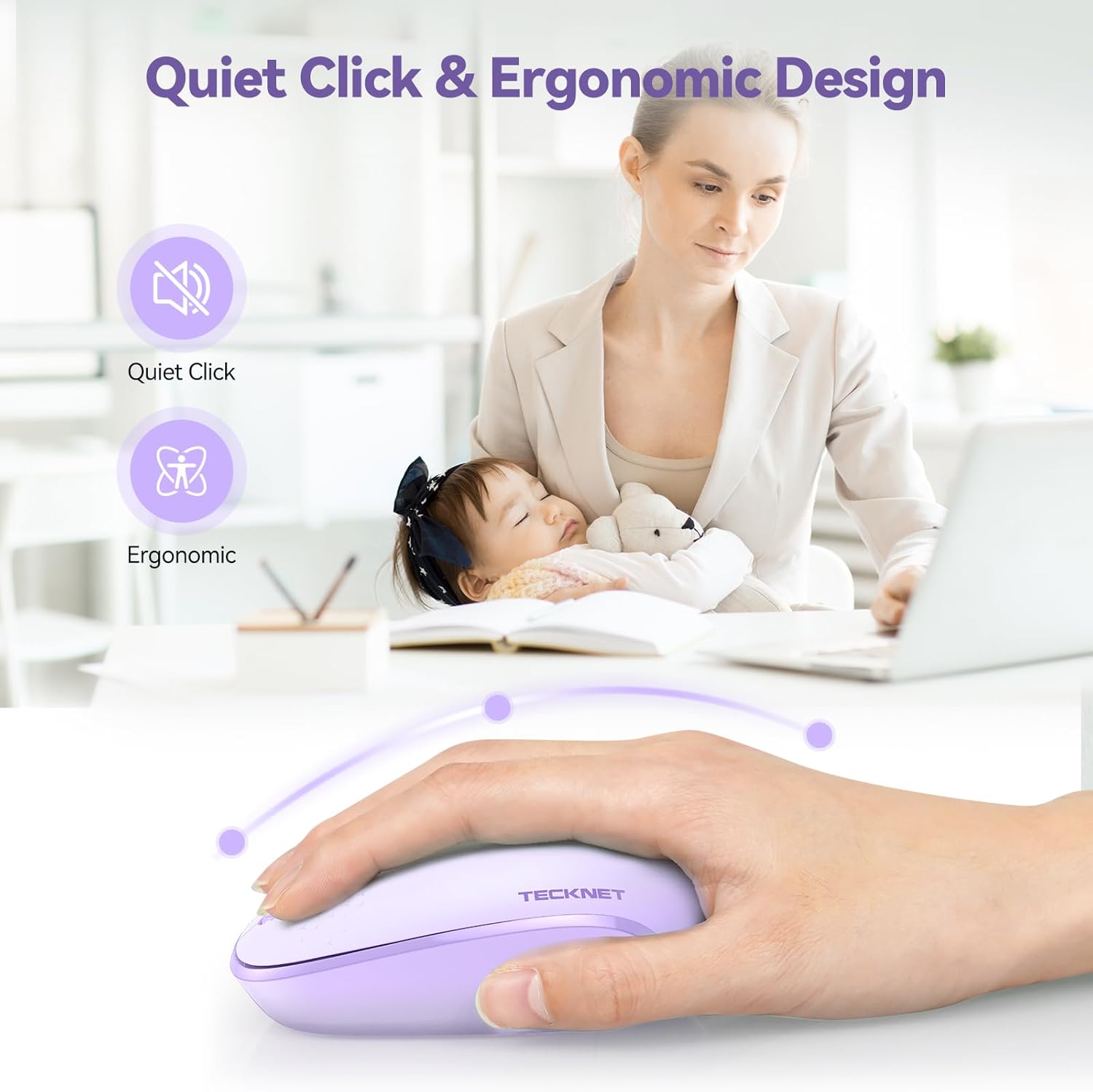 TECKNET Wireless Mouse, 2.4G Quiet Computer Mouse with USB Receiver, 4 Buttons Portable Cordless Mice for Chromebook, Laptop, PC, Mac, 800/1200/1600 DPI