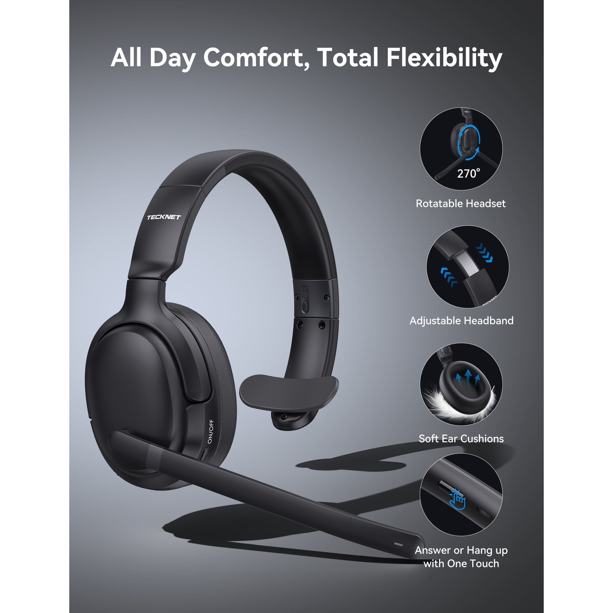 TECKNET Wireless Noise Cancelling Headphones, 5.4 Bluetooth Headphones Over Ear, Mono/Stereo 2-in-1, 65H Playtime, Wireless Headset with Microphone for Home Trucker Office Call Center, Black