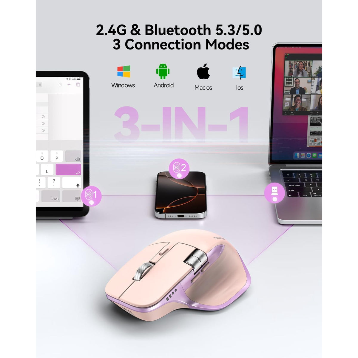 TECKNET Wireless Mouse, Bluetooth Mouse (BT5.3/5.0 & 2.4G) Rechargeable Ergonomic Optical Mouse with 6 Adjustable DPI, Side Scroll, Quiet Clicks, USB A Receiver, 7 Buttons, Wide Compatibility - Pink