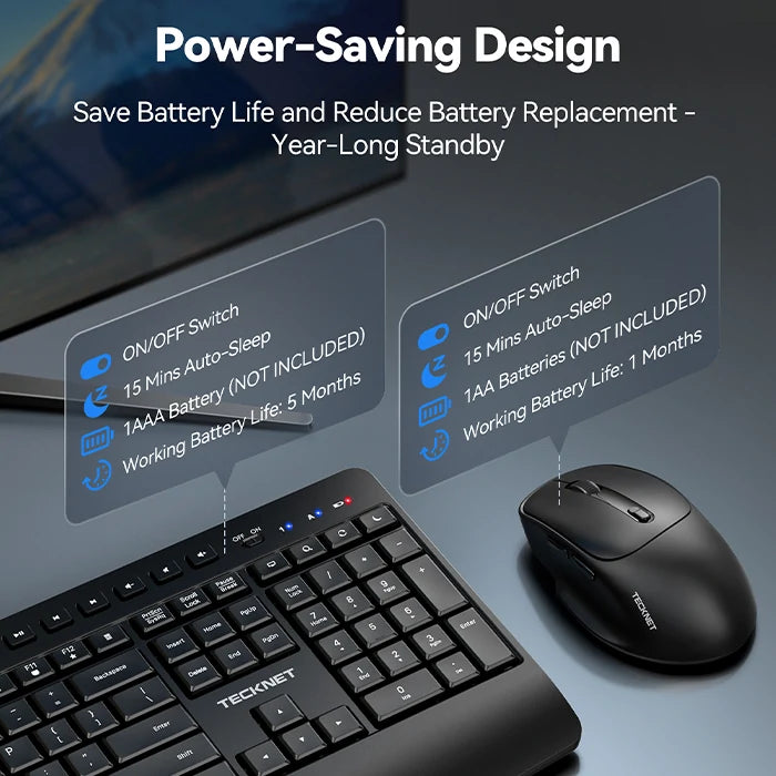 TECKNET Full-Size Ergonomic Wireless Combo, TK-KM063