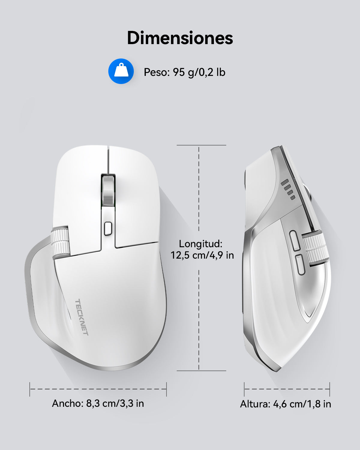 TEIMA Wireless Mouse, Bluetooth Mouse (BT5.3/5.0 & 2.4G) Rechargeable Ergonomic Optical Mouse with 6 Adjustable DPI, Side Scroll, Quiet Clicks, USB A Receiver, 7 Buttons, Wide Compatibility - White
