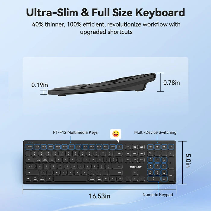TECKNET Multi-Device Rechargeable Bluetooth Wireless Keyboard ,TK-KB045