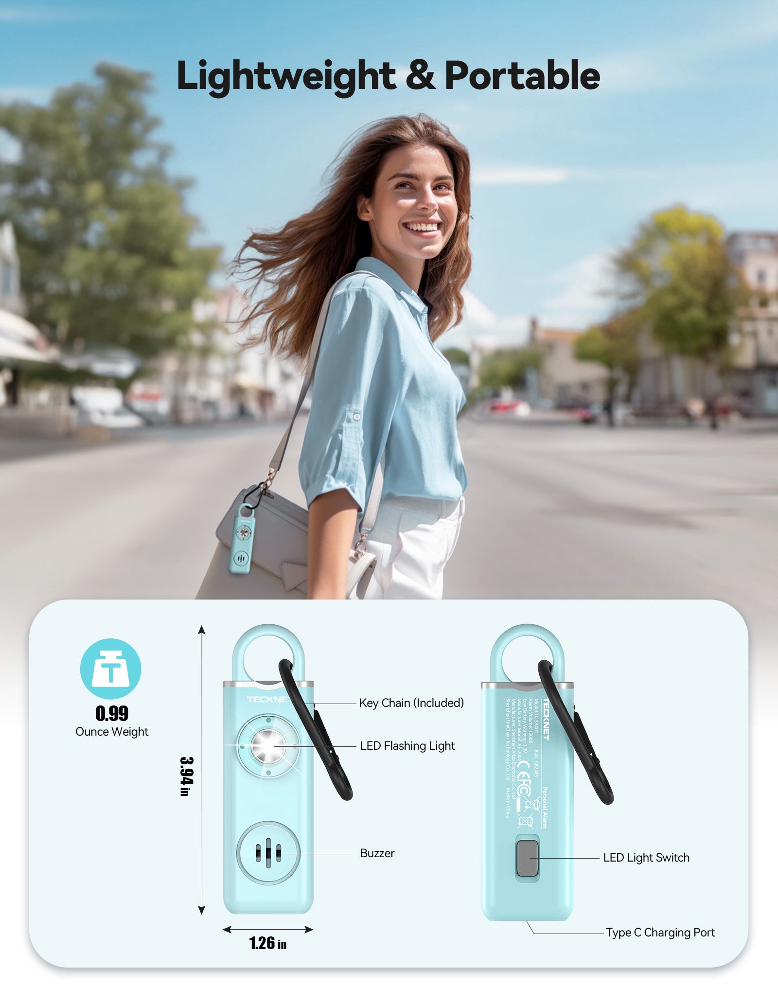 TECKNET BASICS Personal Safety Alarm, 130dB Self Defense Keychain with SOS Strobe Light, Low Battery Notice, Loud Siren for Women Kids Elderly,Blue