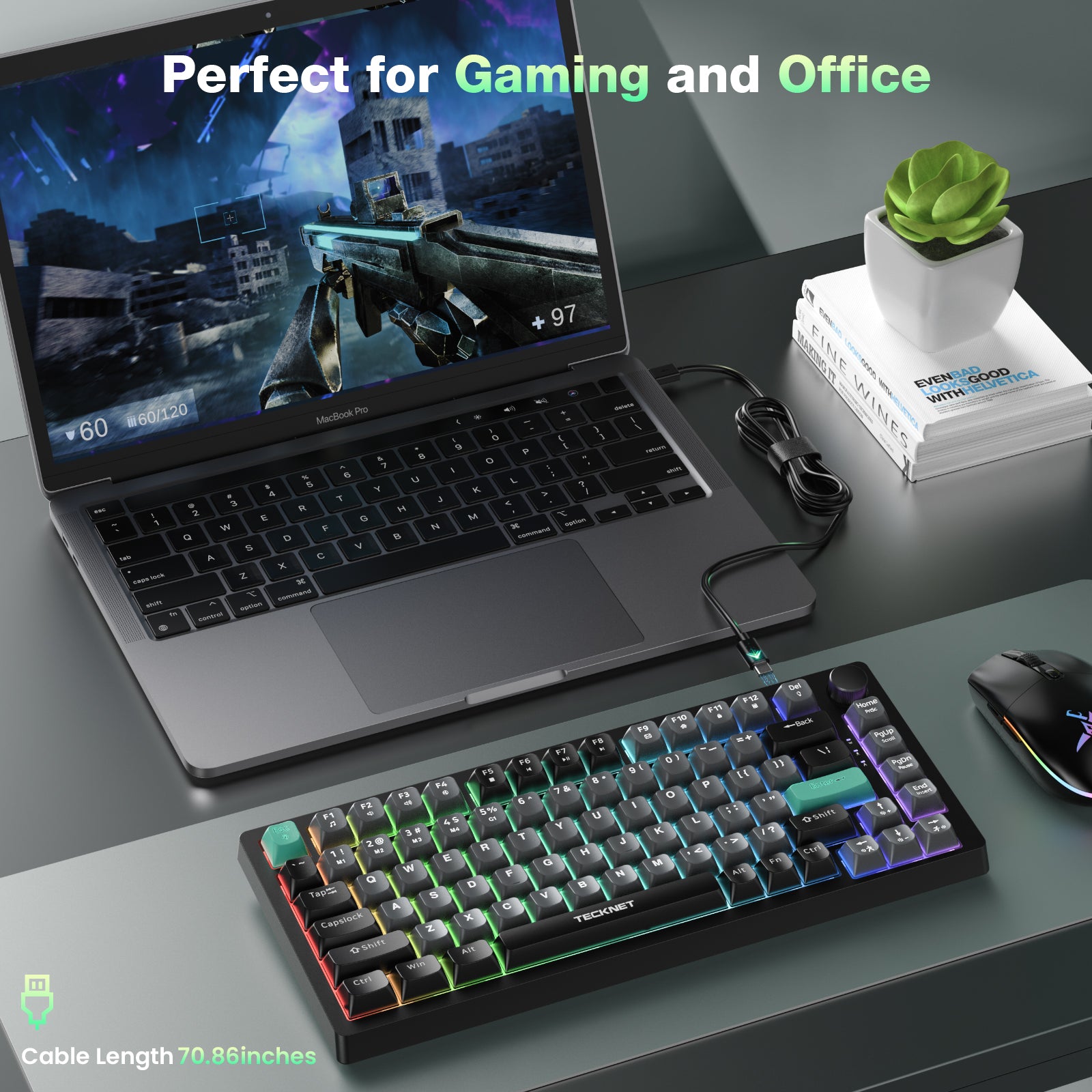 TECKNET RGB Gaming Keyboard,Compact 83 Keys Wired Keyboard with Volumn Knob