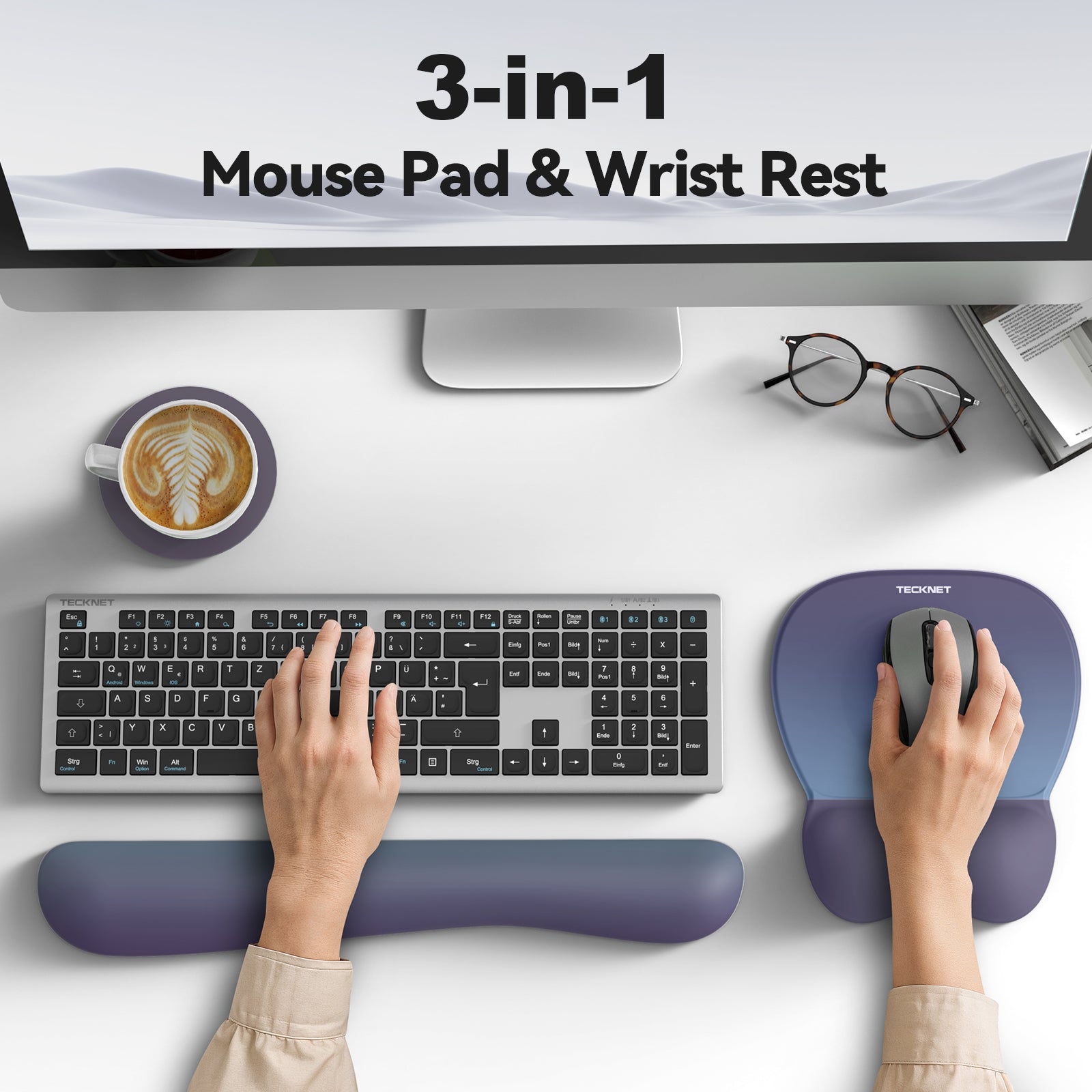 TECKNET BASICS Gel Mouse Pad with Wrist Rest, 3 in 1 Keyboard Wrist Rest for Pain Relief, Non-Slip PU Base, Ergonomic Set for Office & Home,Blue Purple Gradien