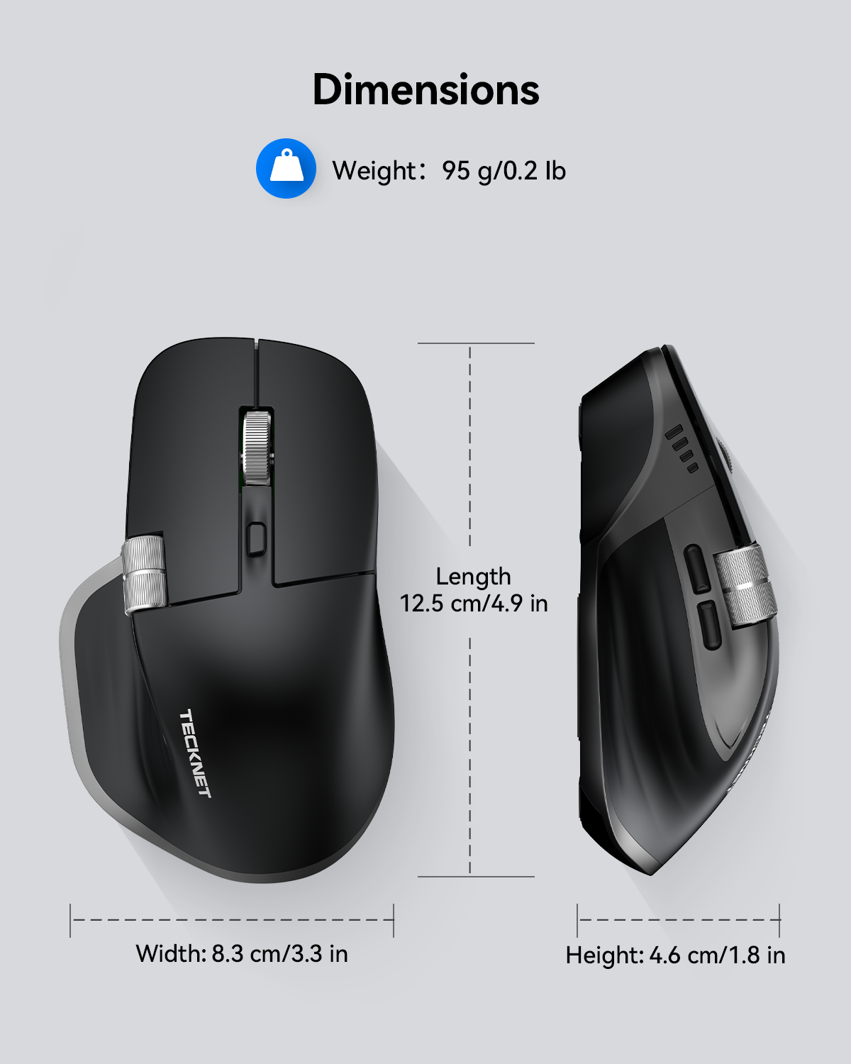 TEIMA Wireless Mouse, Bluetooth Mouse (BT5.3/5.0 & 2.4G) Rechargeable Ergonomic Optical Mouse with 6 Adjustable DPI, Side Scroll, Quiet Clicks, USB A Receiver, 7 Buttons, Wide Compatibility - Black