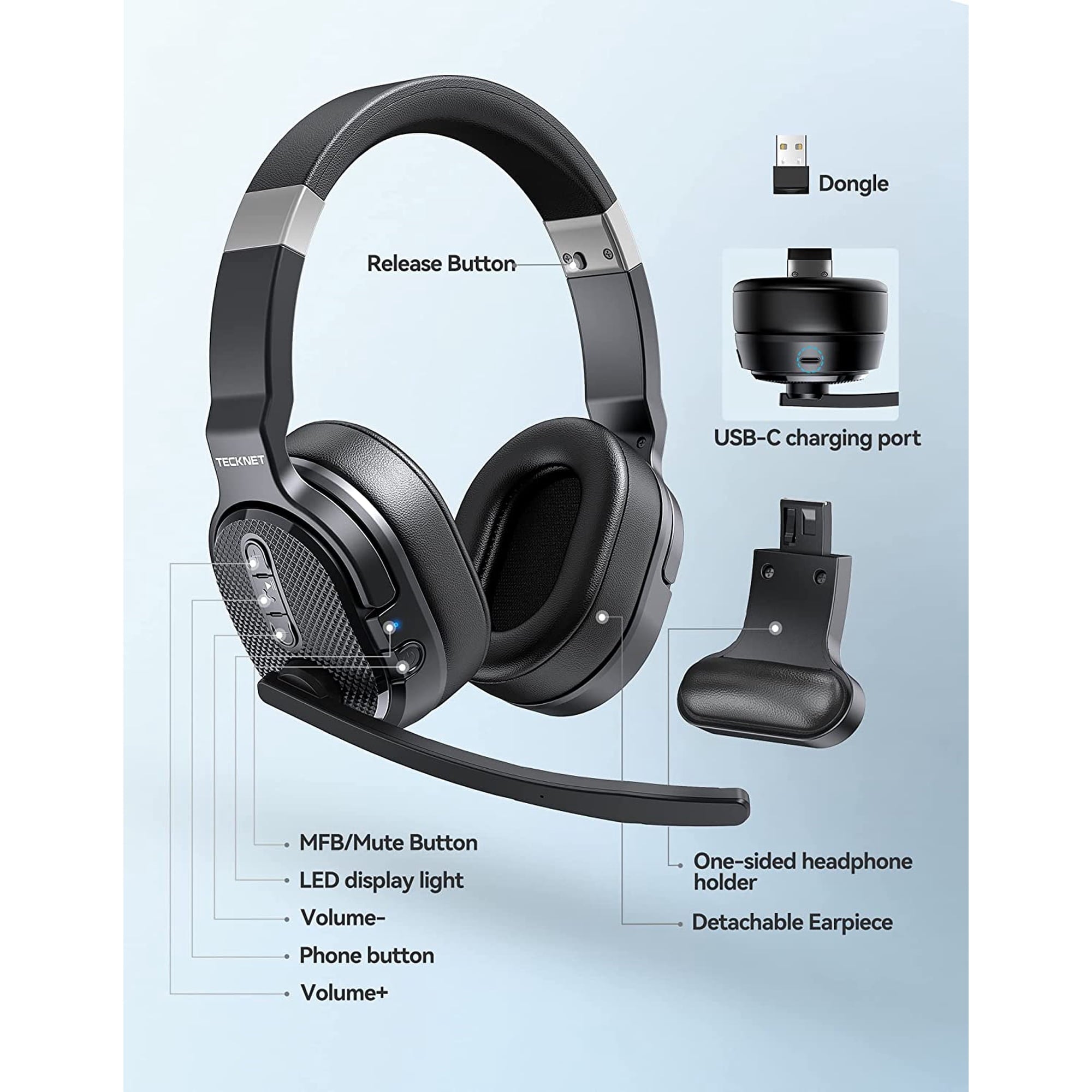 TECKNET BASICS Bluetooth Trucker Headset, Single & Dual Ear Wireless with Mic, Noise Cancelling, 50Hrs Battery, 3 EQ Music Modes, Trucker Bluetooth Headphones for PC, Drivers, Office, Call Center